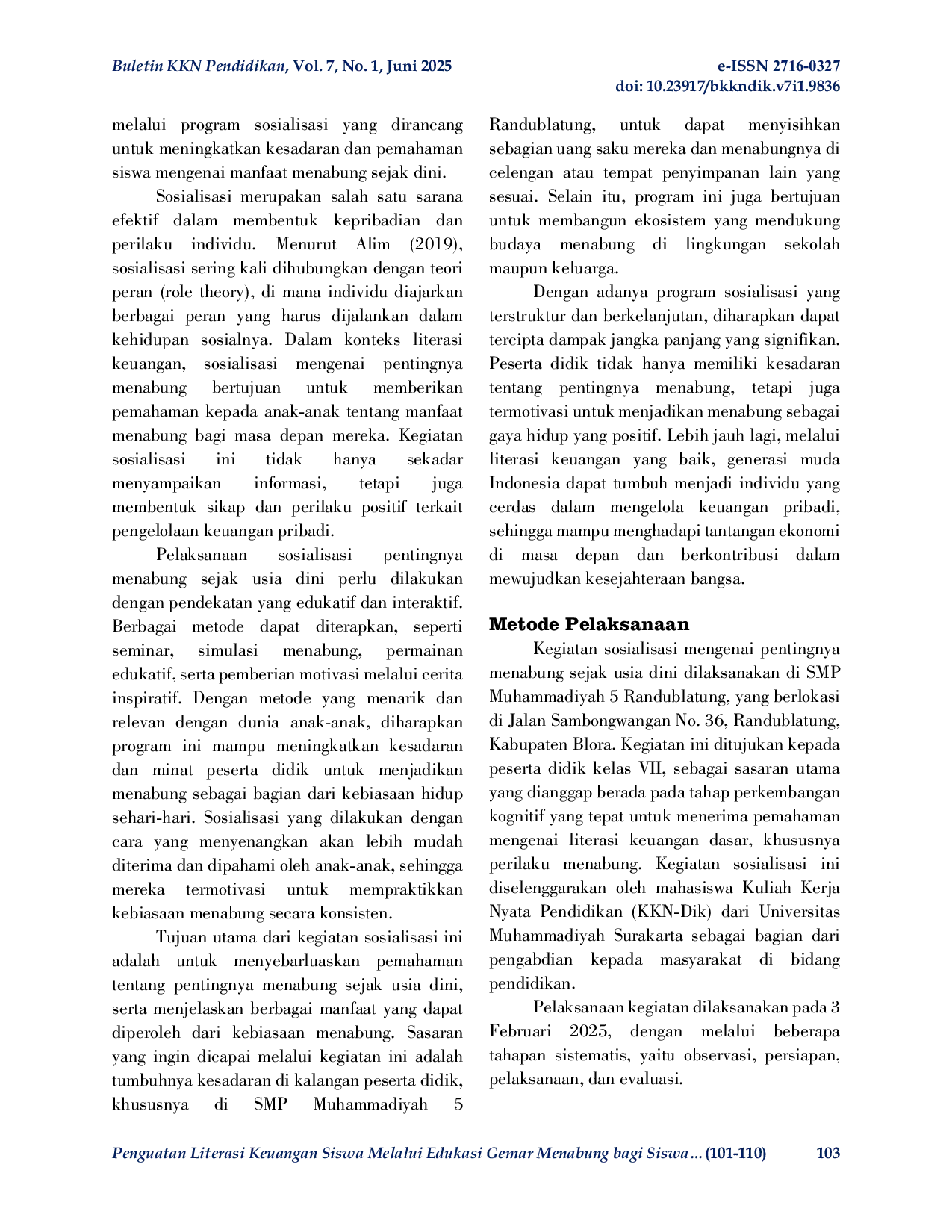 JURIS Penguatan Literasi Keuangan Siswa Melalui Edukasi Gemar Menabung bagi Siswa Sekolah Menengah di Randublatung