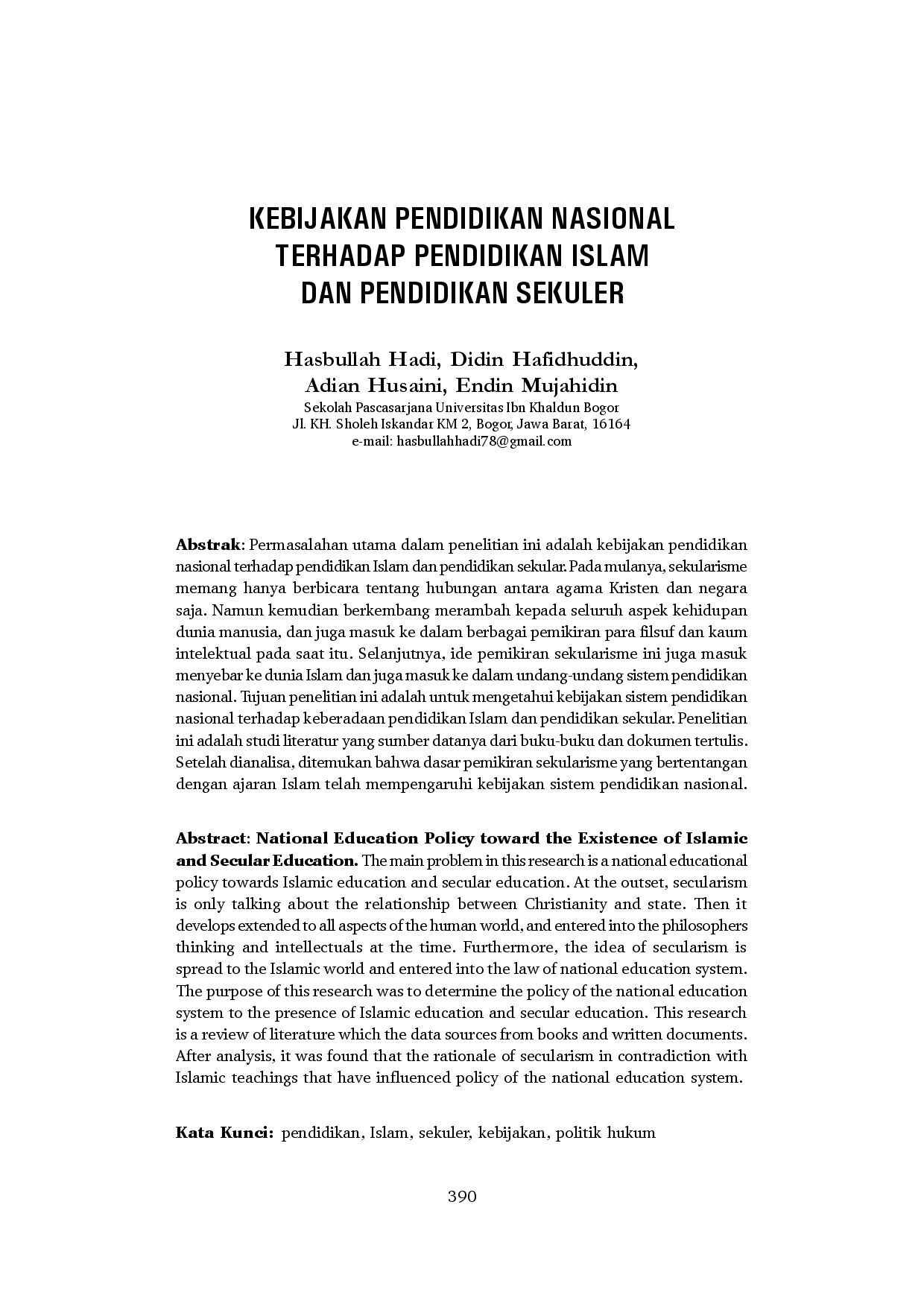 juris Kebijakan Pendidikan Nasional Terhadap Pendidikan Islam Dan Pendidikan Sekuler
