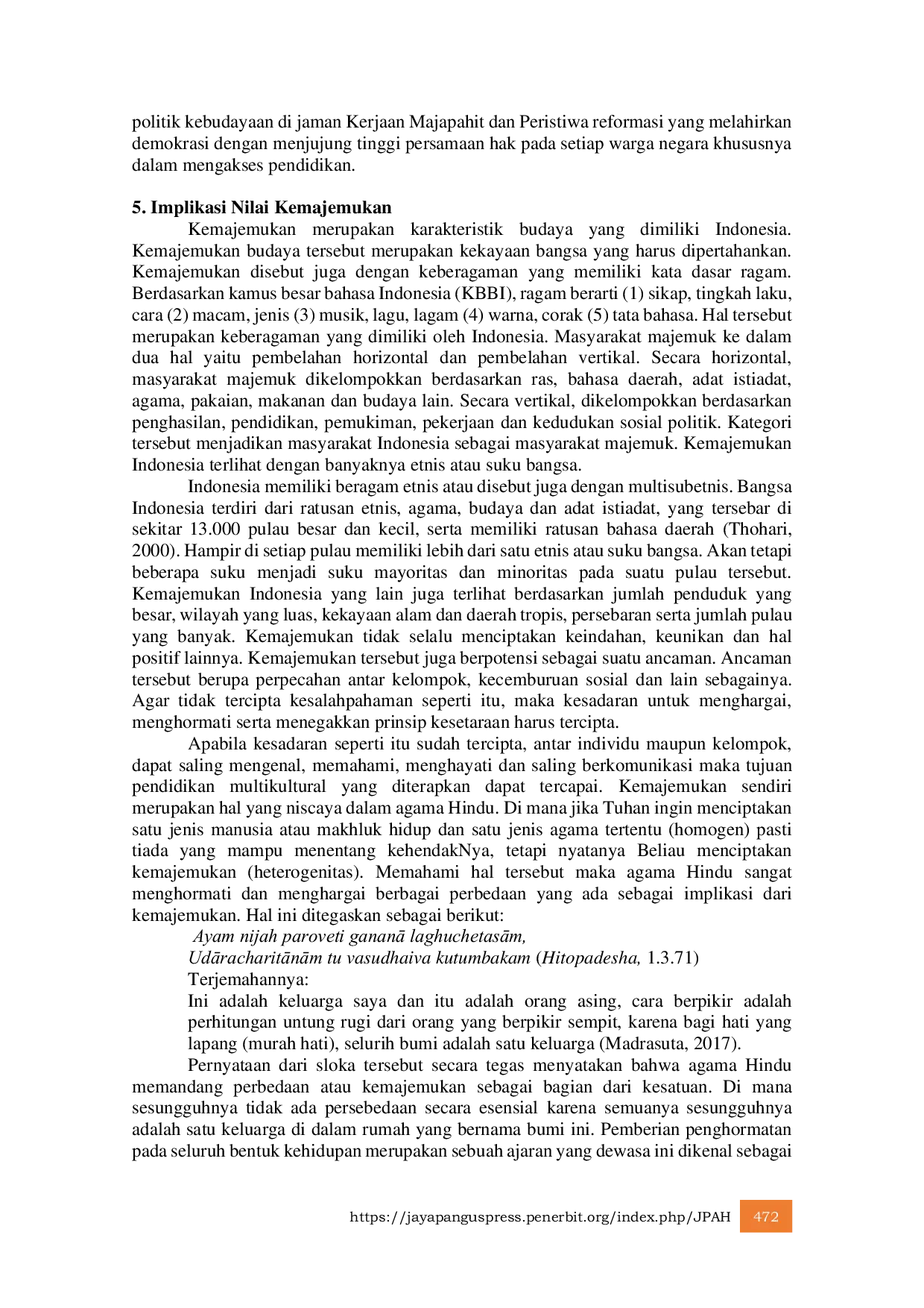 JURIS Implikasi Penanaman Nilai Nilai Filosofi Pendidikan Multikultural Bagi Siswa Hindu SMPN 2 Basarang Kabupaten Kapuas