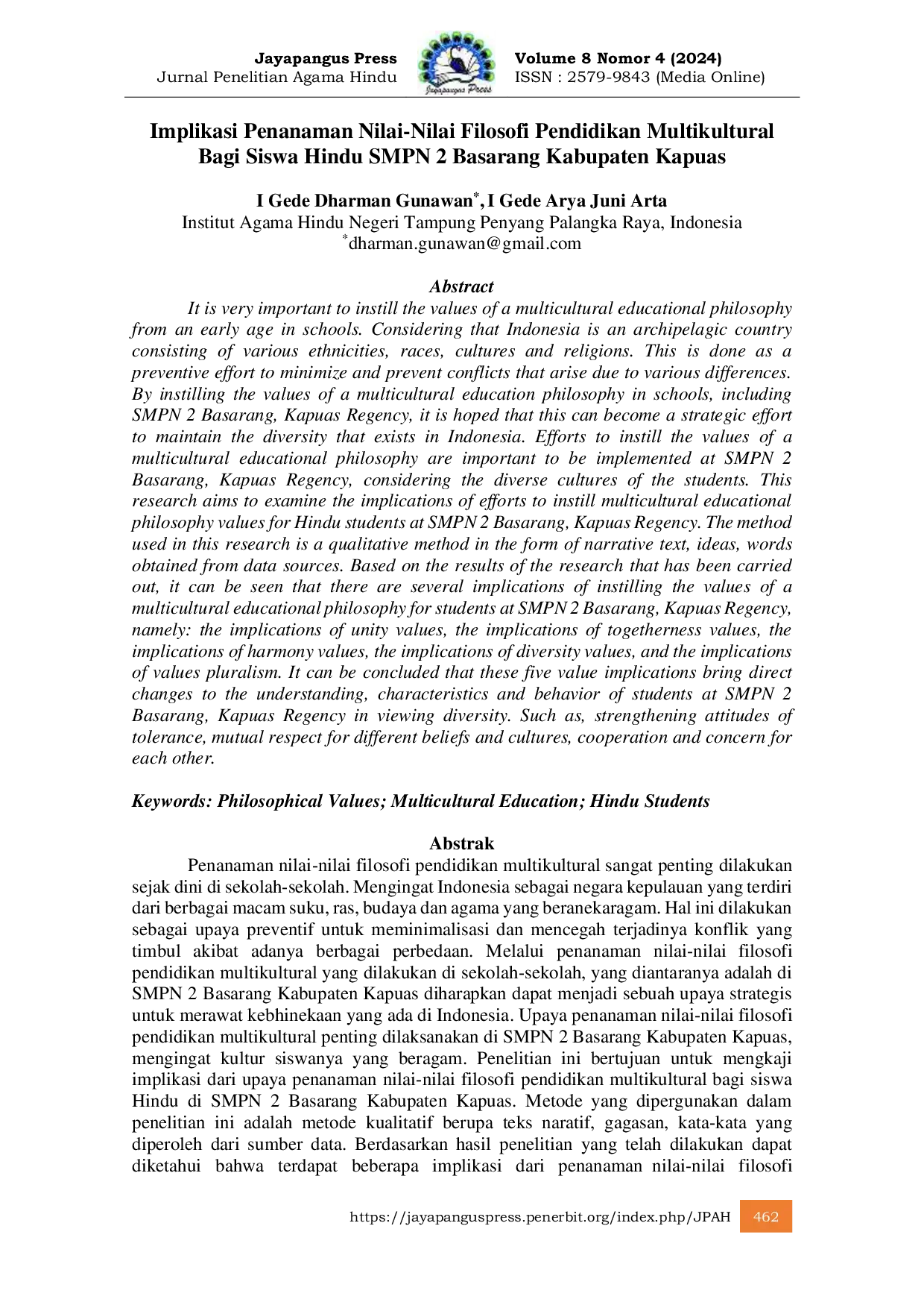 JURIS Implikasi Penanaman Nilai Nilai Filosofi Pendidikan Multikultural Bagi Siswa Hindu SMPN 2 Basarang Kabupaten Kapuas