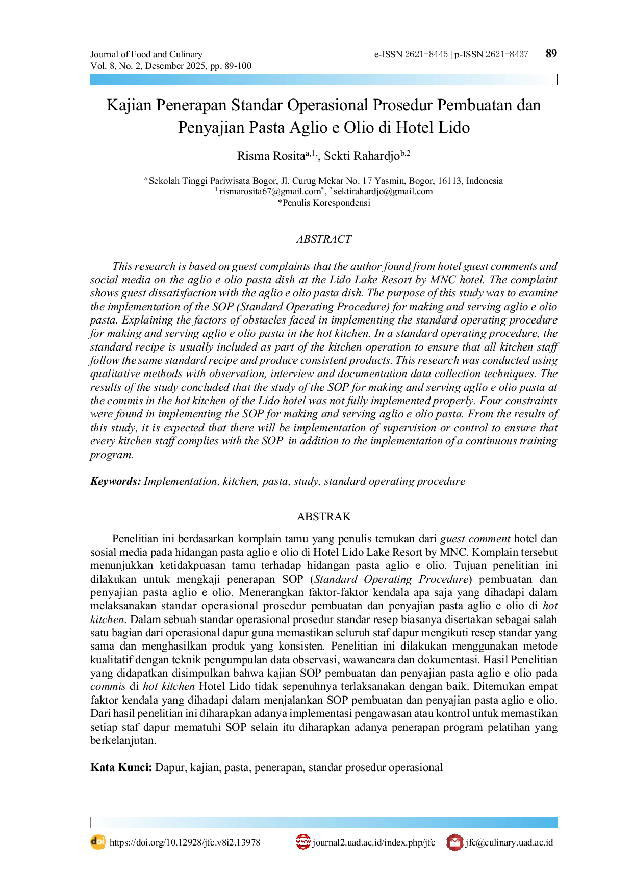 JURIS Kajian Penerapan Standar Operasional Prosedur Pembuatan dan Penyajian Pasta Aglio e Olio di Hotel Lido