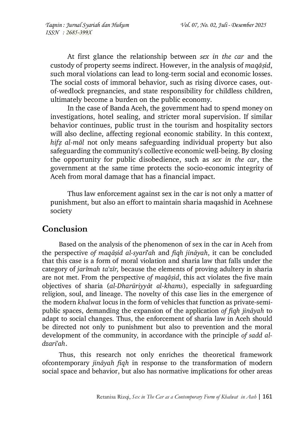 JURIS Sex In The Car As A Contemporary Form Of Khalwat In Aceh An Analysis Of Jinayah Fiqh And Maqasid Syariah