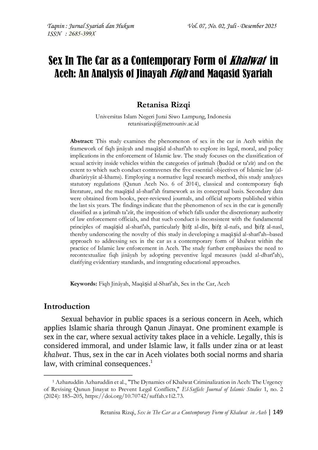 JURIS Sex In The Car As A Contemporary Form Of Khalwat In Aceh An Analysis Of Jinayah Fiqh And Maqasid Syariah