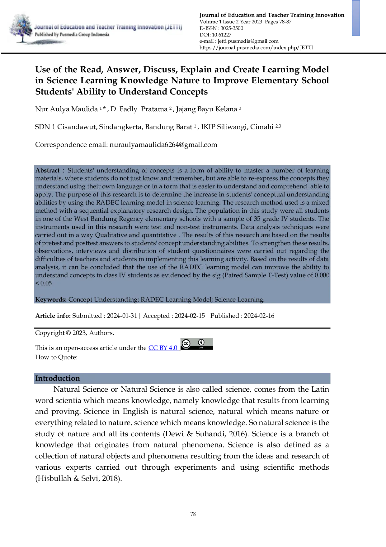 JURIS Use of the Read Answer Discuss Explain and Create Learning Model in Science Learning Knowledge Nature to Improve Elementary School Students Ability to Understand Concepts