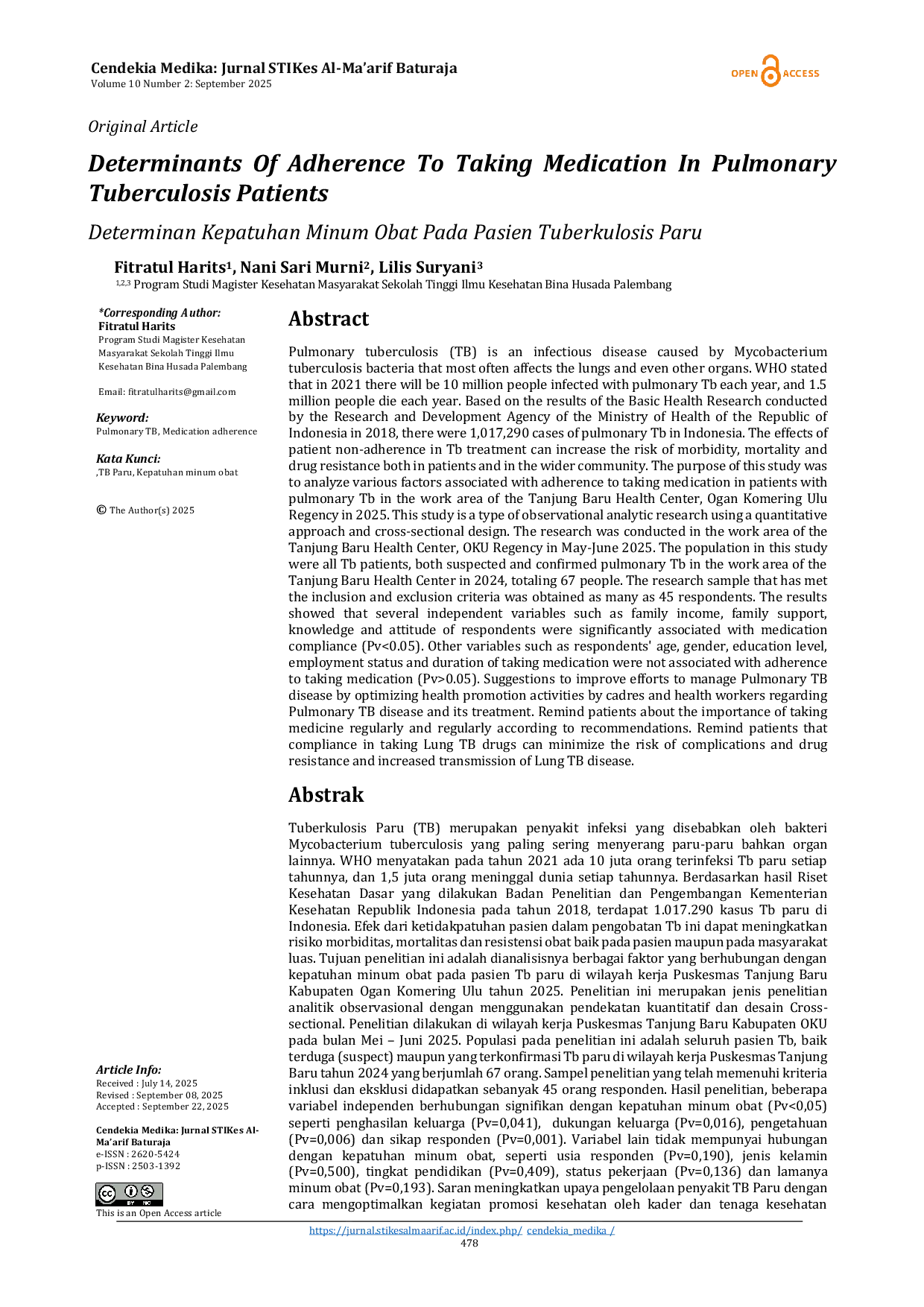 JURIS Determinants Of Adherence To Taking Medication In Pulmonary Tuberculosis Patients