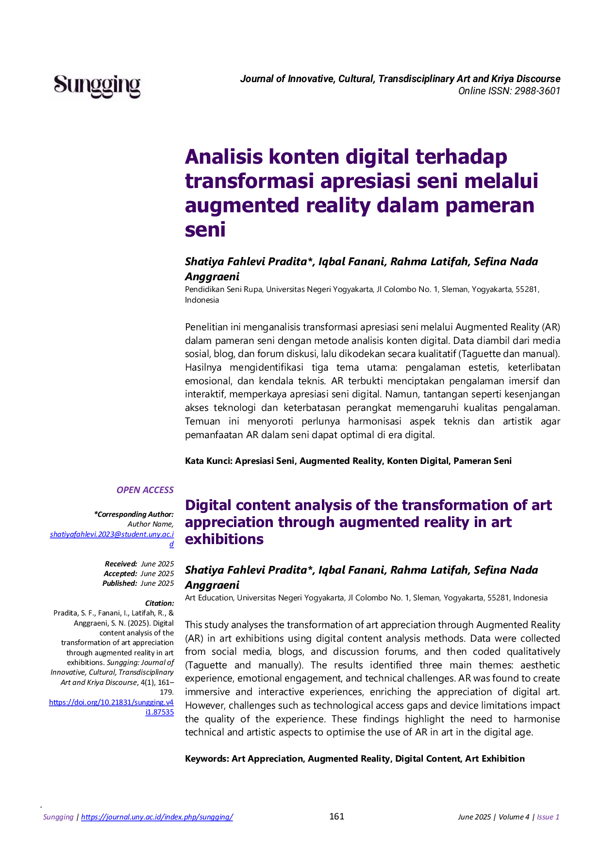 JURIS Digital content analysis of the transformation of art appreciation through augmented reality in art exhibitions Analisis konten digital terhadap transformasi apresiasi seni melalui augmented reality
