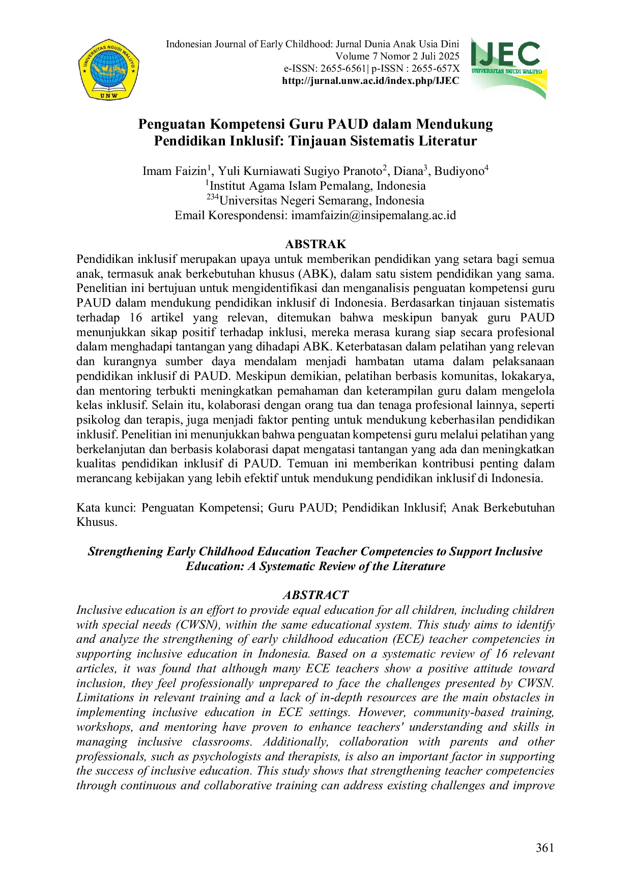 JURIS Penguatan Kompetensi Guru PAUD dalam Mendukung Pendidikan Inklusif Tinjauan Sistematis Literatur Strengthening Early Childhood Education Teacher Competencies to Support Inclusive Education A System