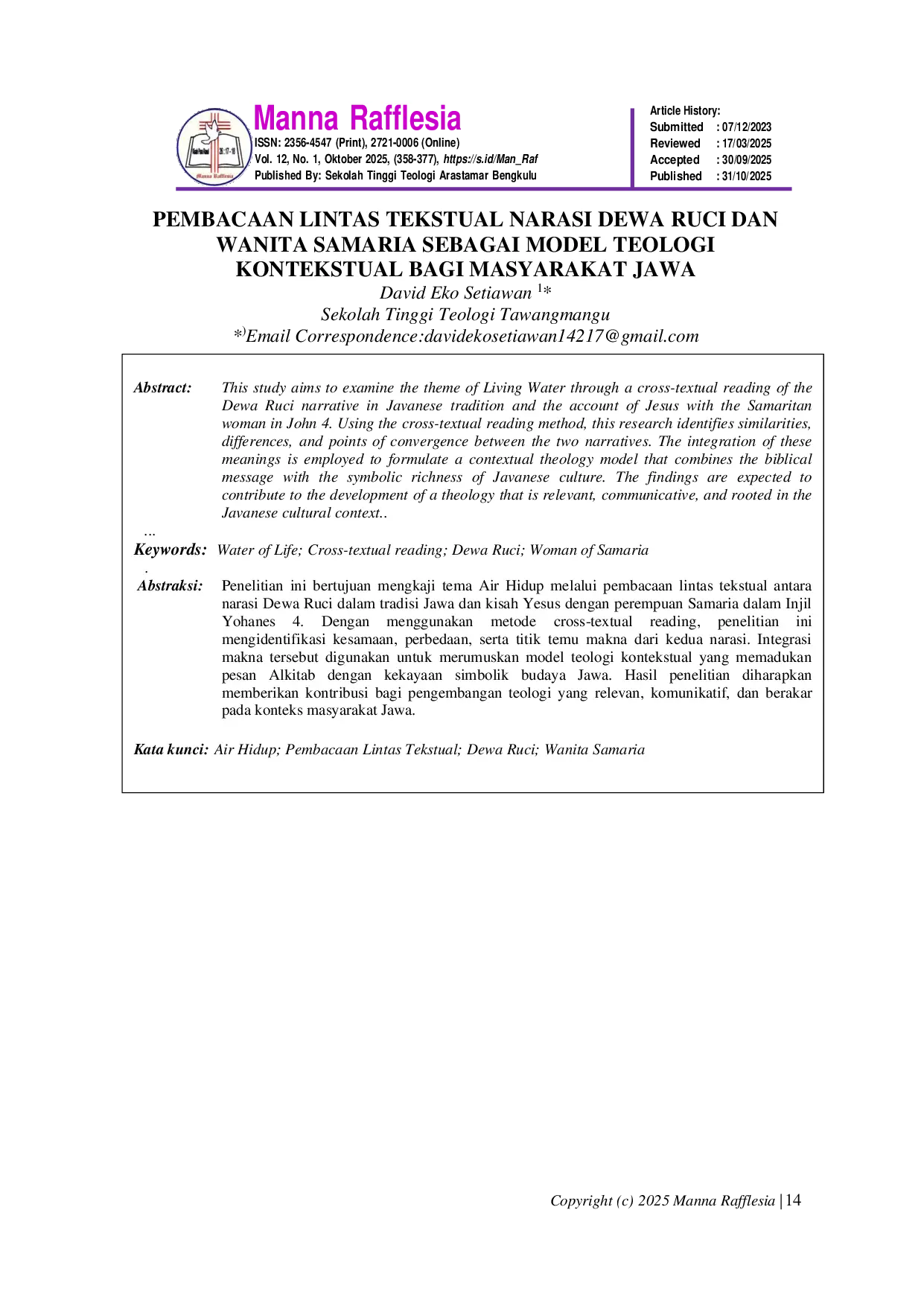 JURIS Pembacaan Lintas Tekstual Narasi Dewa Ruci dan Wanita Samaria Sebagai Model Teologi Kontekstual Bagi Masyarakat Jawa