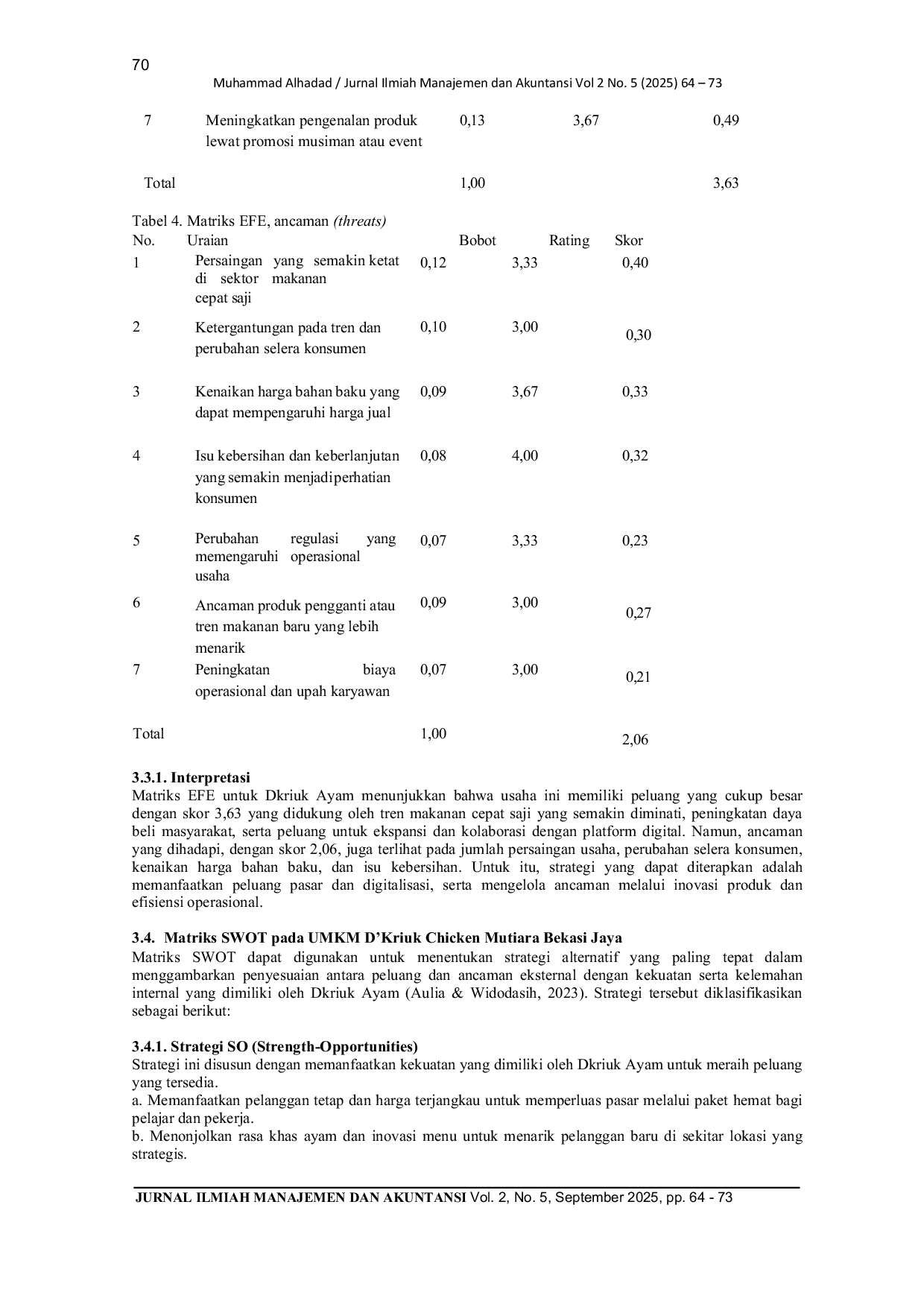 JURIS Analisis SWOT dengan Menggunakan Matrix dan Perhitungan IFE dan EFE pada UMKM D Kriuk Chicken Mutiara Bekasi Jaya