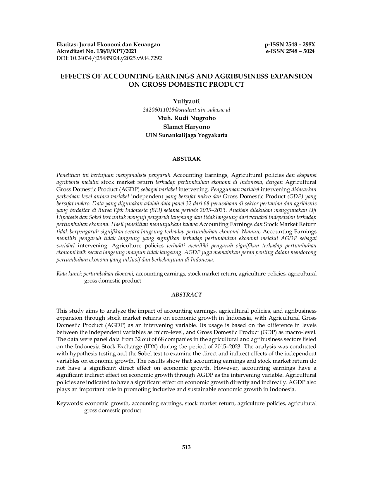JURIS Effects of Accounting Earnings and Agribusiness Expansion on Gross Domestic Product