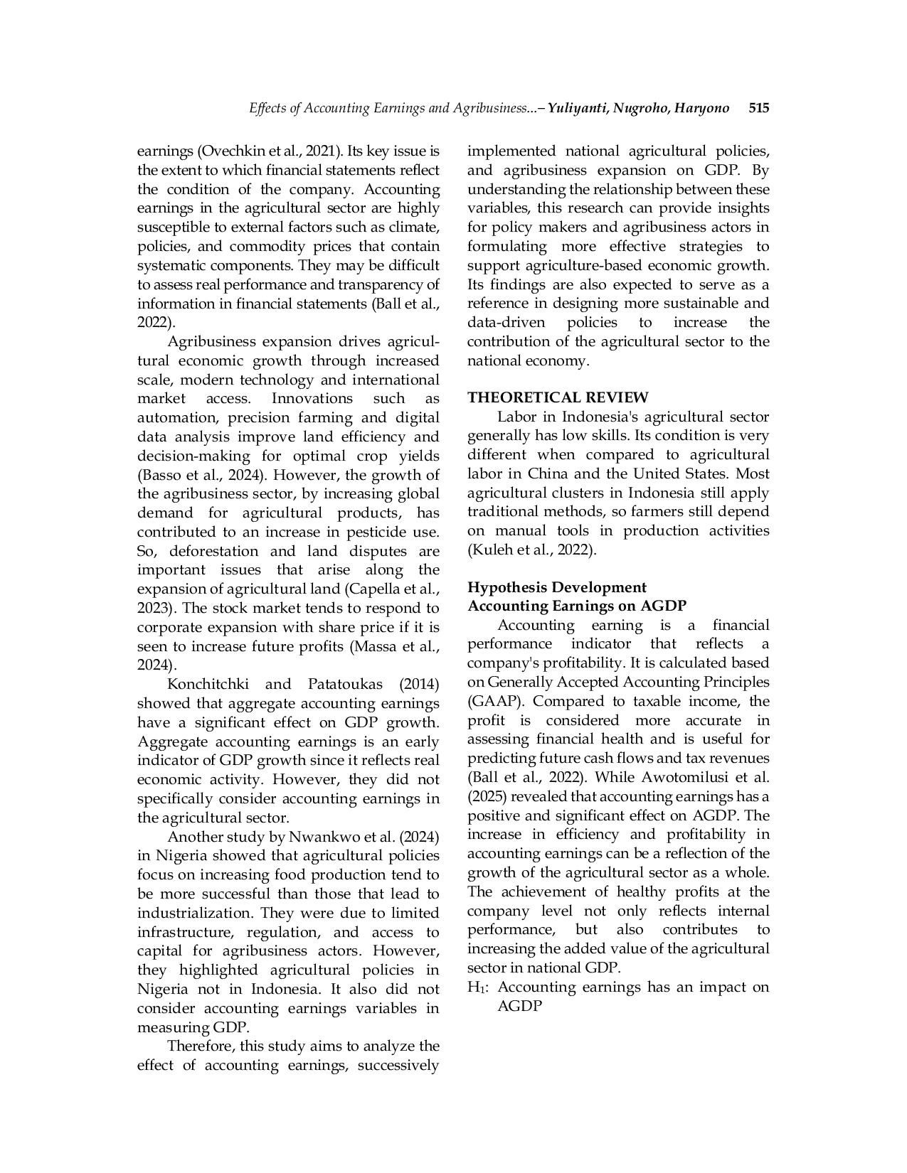 JURIS Effects of Accounting Earnings and Agribusiness Expansion on Gross Domestic Product