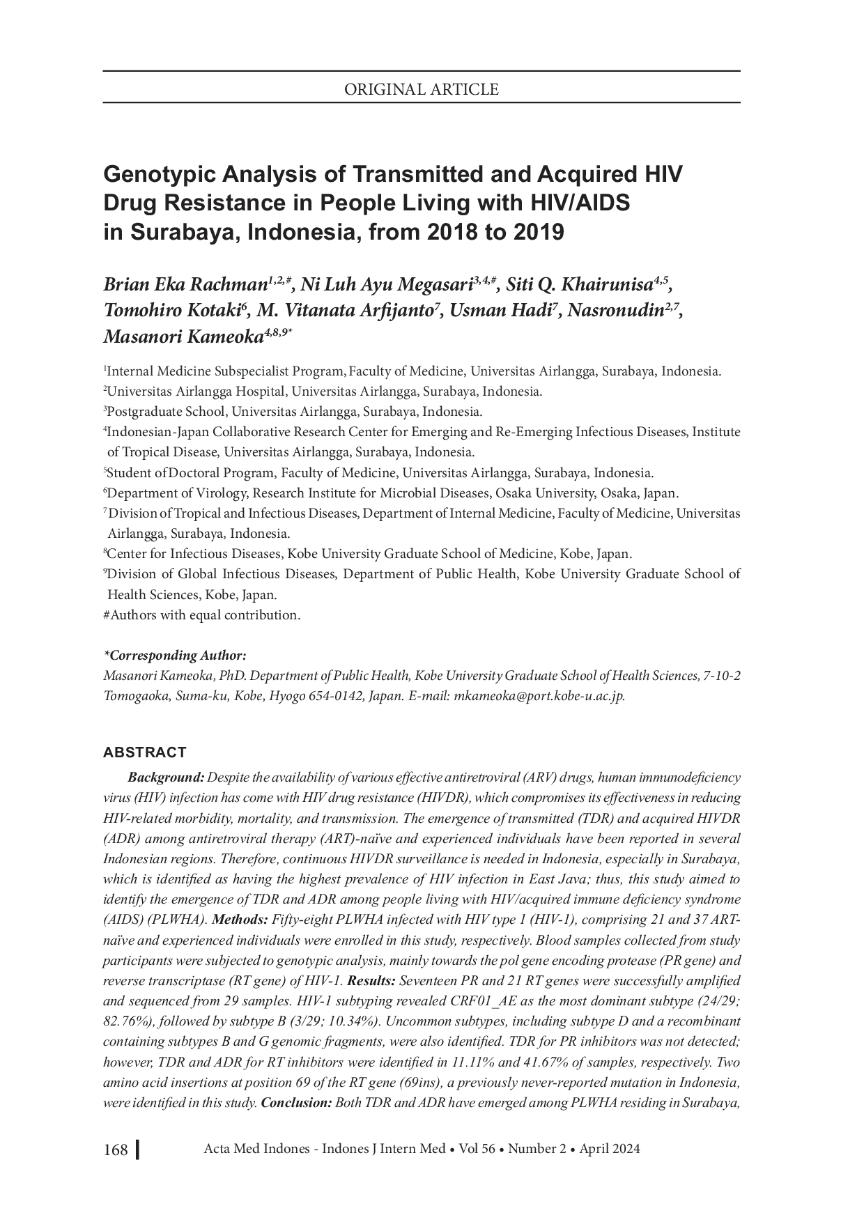 JURIS Genotypic Analysis of Transmitted and Acquired HIV Drug Resistance in People Living with HIV AIDS in Surabaya Indonesia from 2018 to 2019