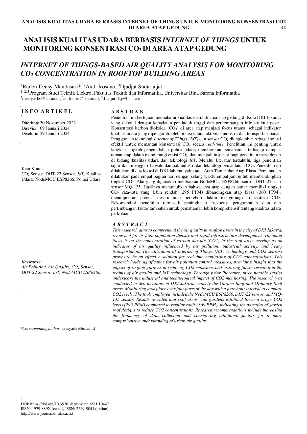 JURIS Analisis Kualitas Udara Berbasis Internet of Things untuk Monitoring Konsentrasi CO2 di Area Atap Gedung