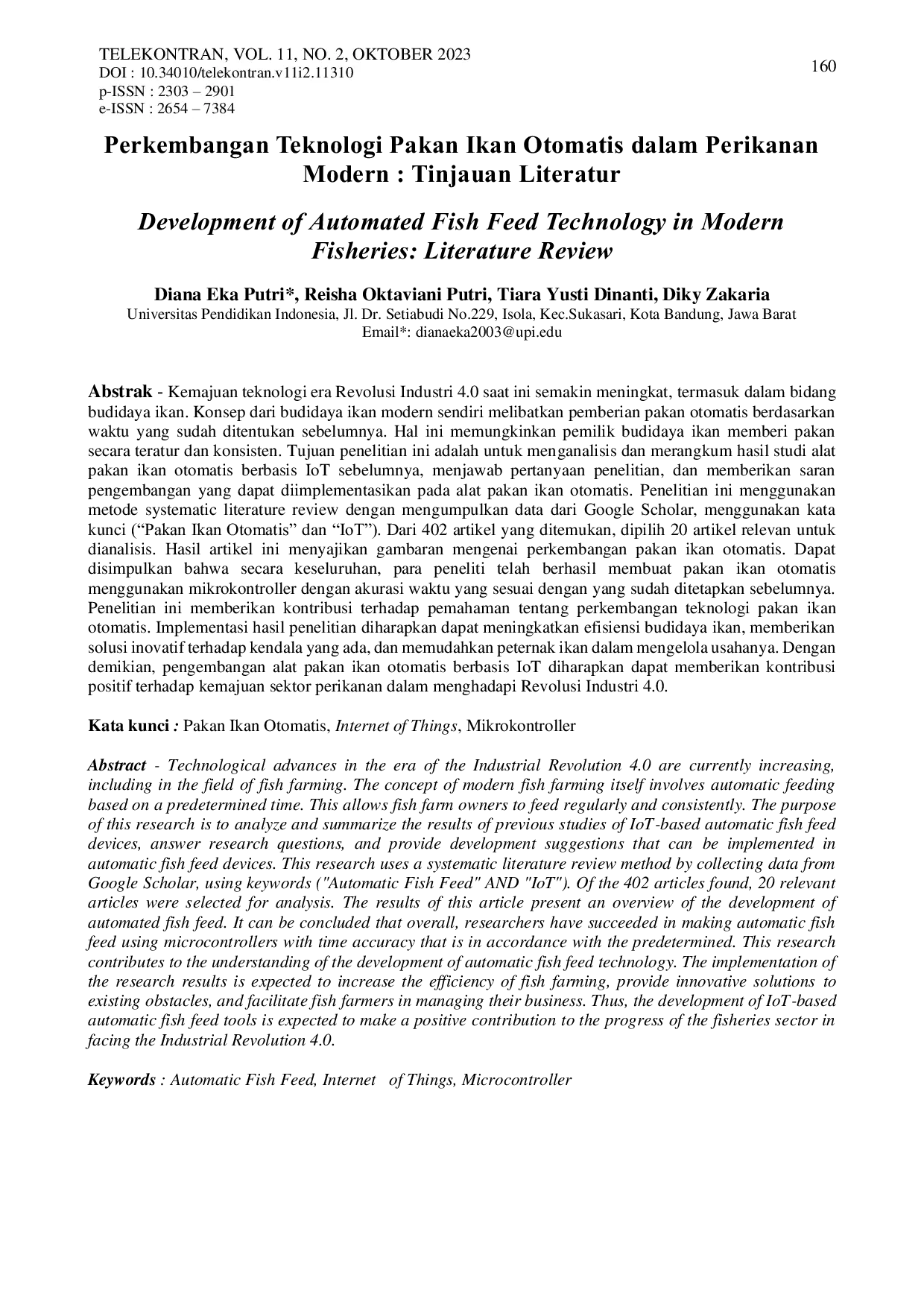 JURIS Development of Automated Fish Feed Technology in Modern Fisheries Literature Review