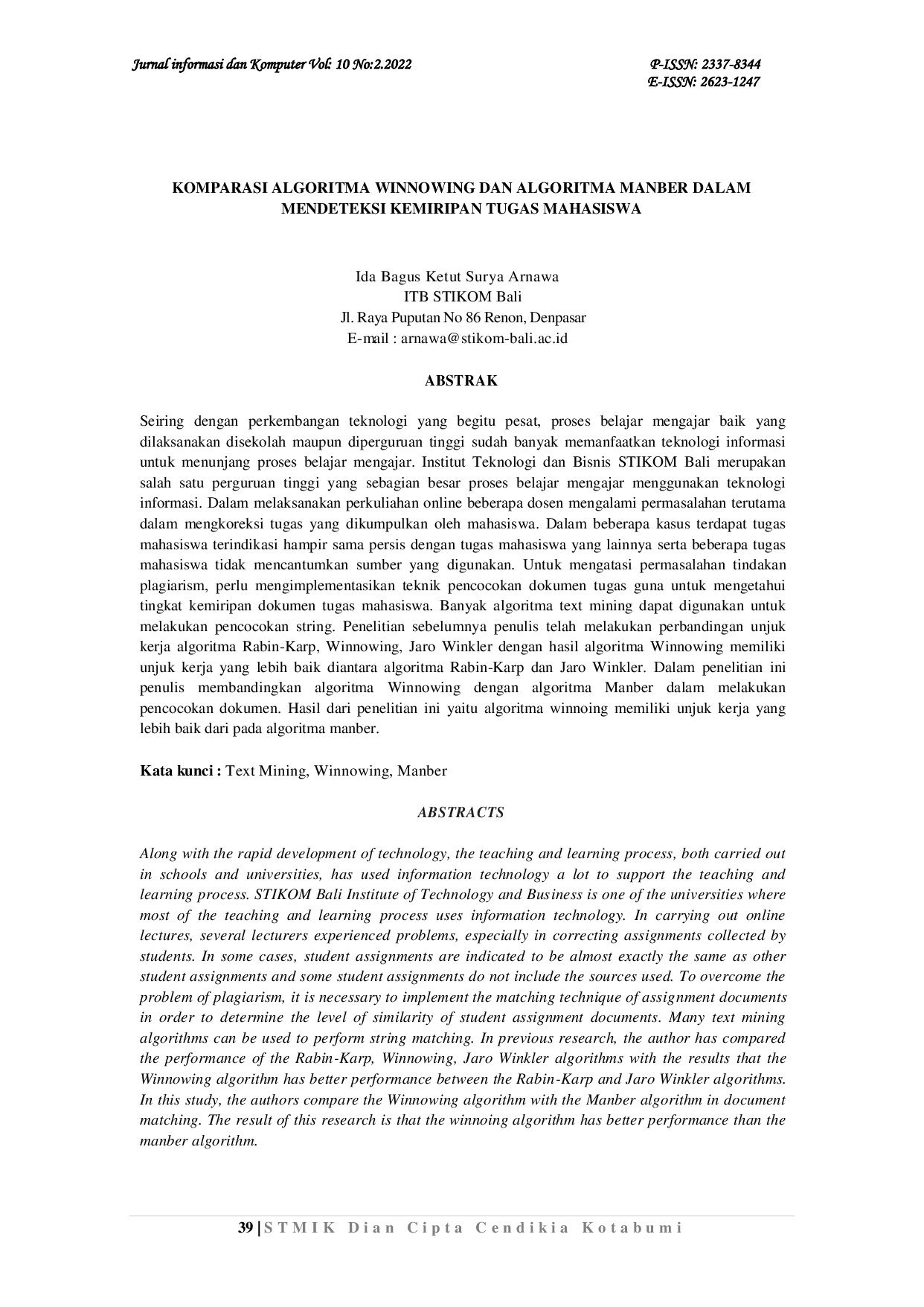 JURIS Komparasi Algoritma Winnowing dan Algoritma Manber dalam Mendeteksi Kemiripan Tugas Mahasiswa