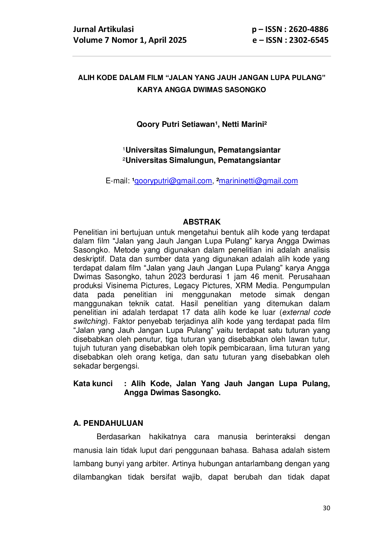 JURIS Alih Kode Dalam Film Jalan Yang Jauh Jangan Lupa Pulang Karya Angga Dwimas Sasongko