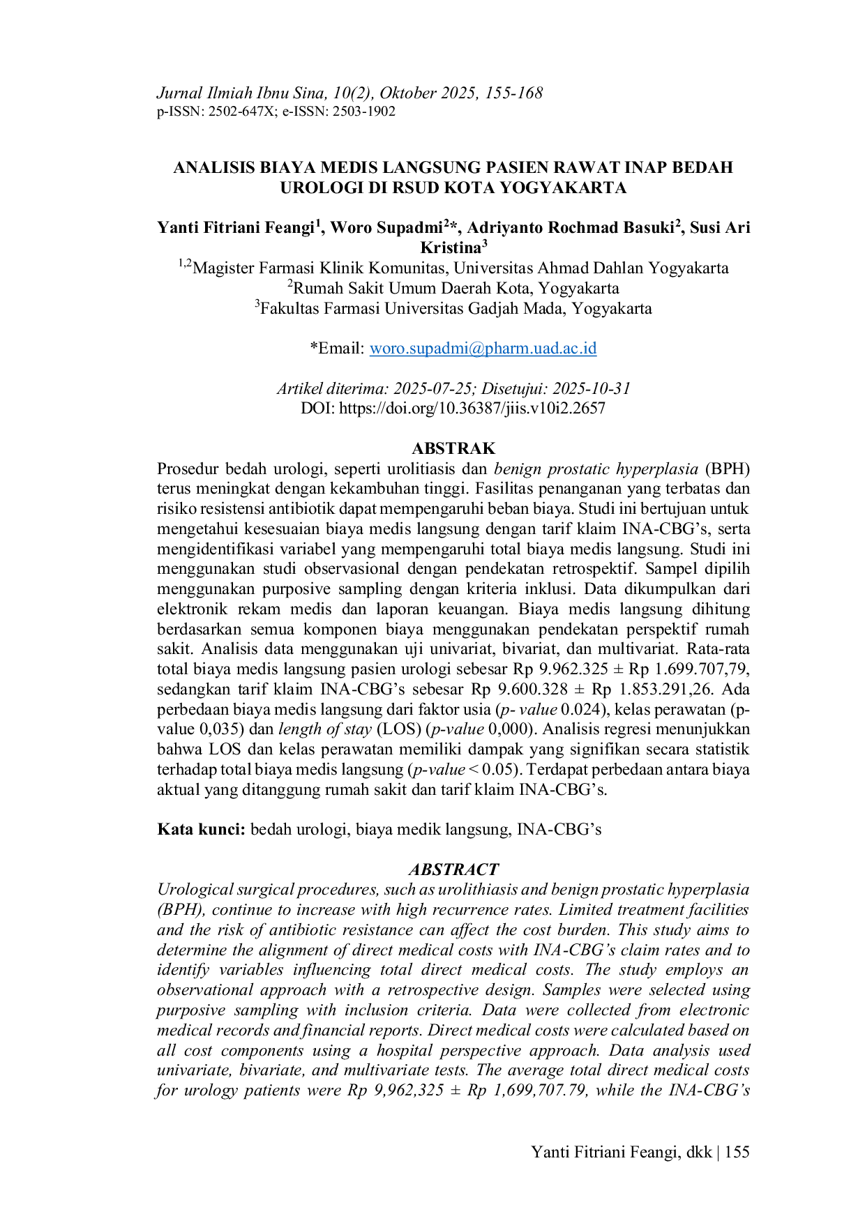 JURIS Analisis Biaya Medis Langsung Pasien Rawat Inap Bedah Urologi di RSUD Kota Yogyakarta