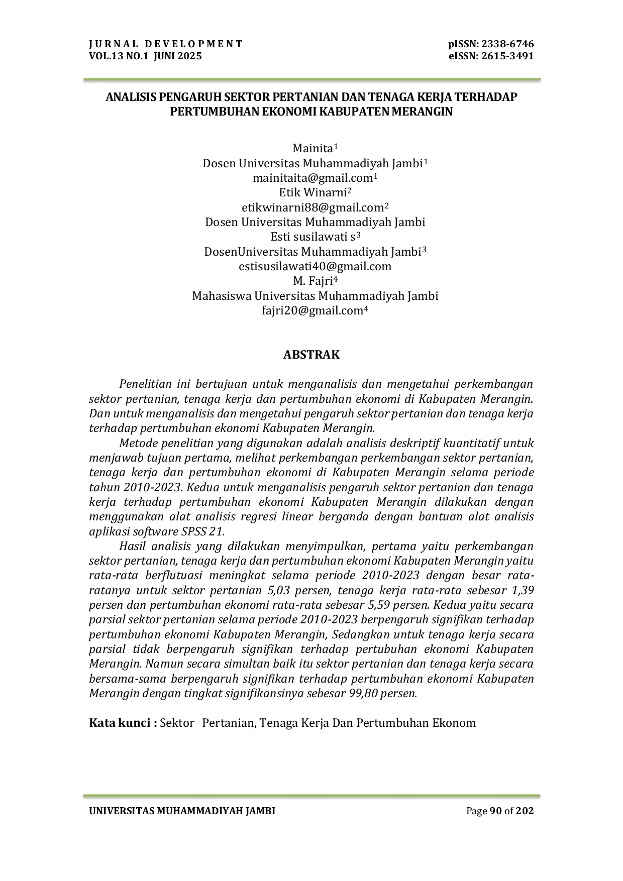 JURIS Analisis Pengaruh Sektor Pertanian dan Tenaga Kerja Terhadap Pertumbuhan Ekonomi Kabupaten Merangin