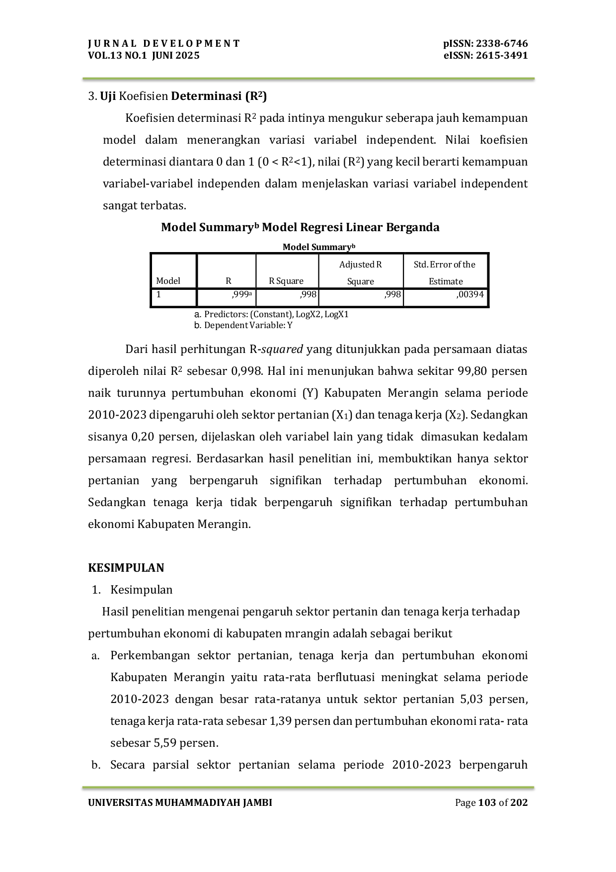 JURIS Analisis Pengaruh Sektor Pertanian dan Tenaga Kerja Terhadap Pertumbuhan Ekonomi Kabupaten Merangin