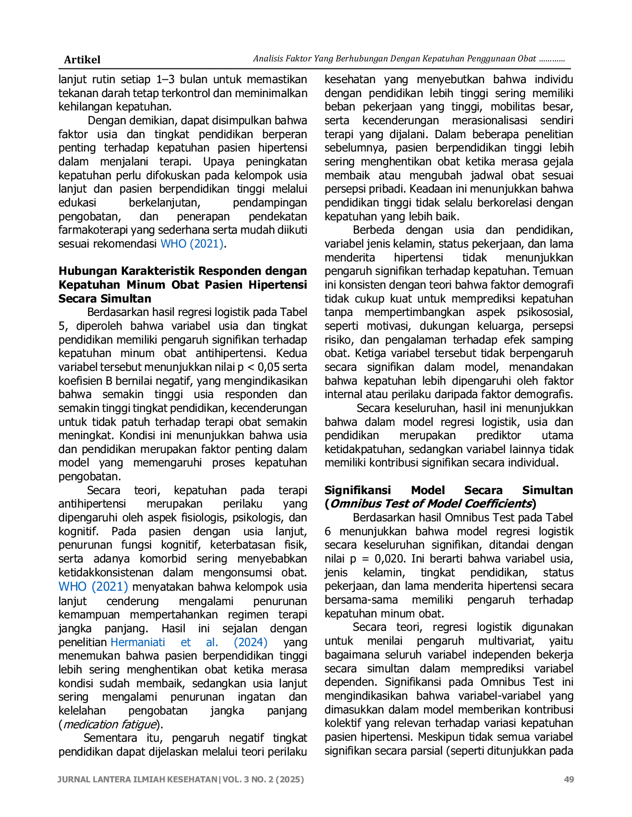 JURIS Analisis Faktor Yang Berhubungan Dengan Kepatuhan Penggunaan Obat Antihipertensi di RSUD Siti Fatimah