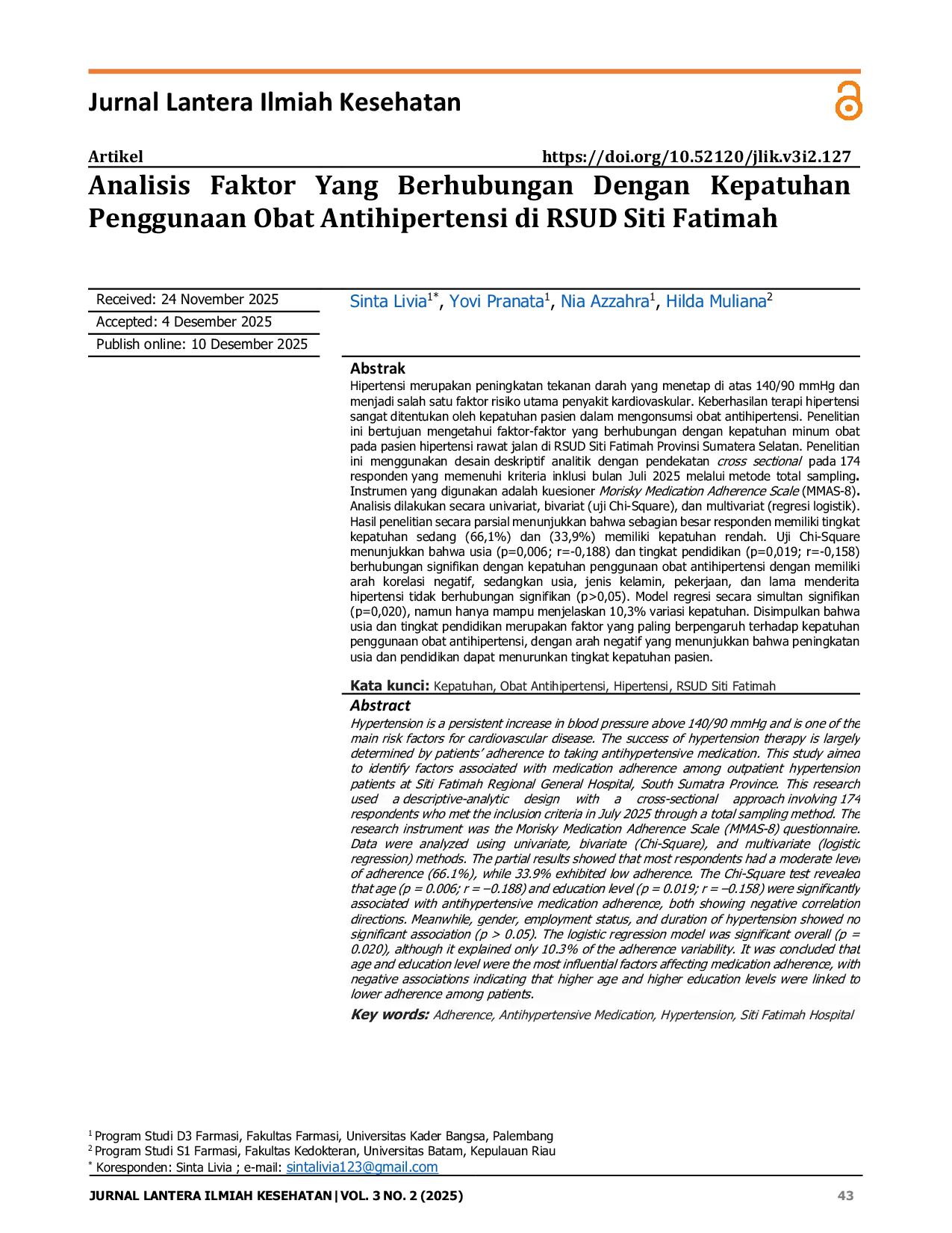 JURIS Analisis Faktor Yang Berhubungan Dengan Kepatuhan Penggunaan Obat Antihipertensi di RSUD Siti Fatimah