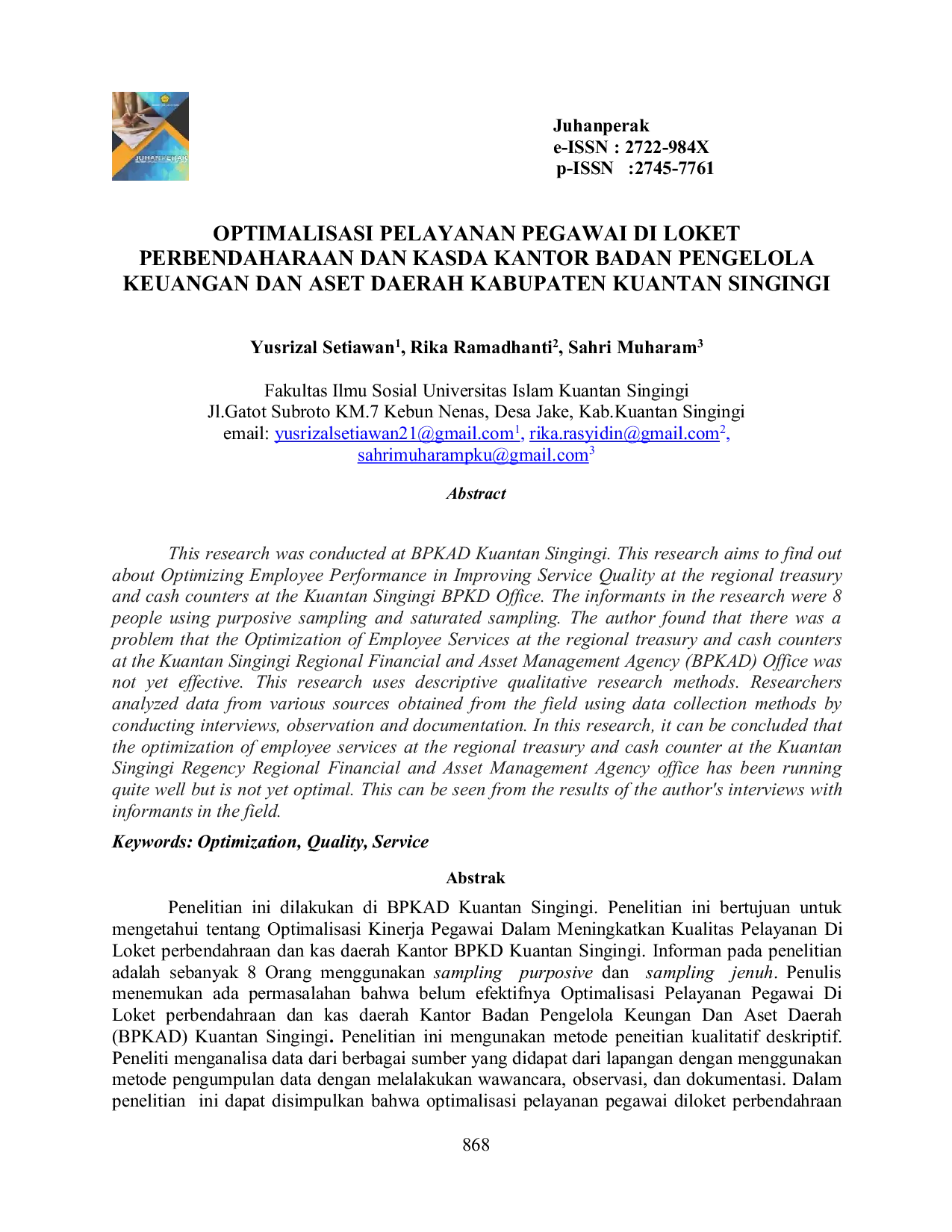 JURIS Optimalisasi Pelayanan Pegawai Di Loket Perbendaharaan Dan Kasda Kantor Badan Pengelola Keuangan Dan Aset Daerah Kabupaten Kuantan Singingi