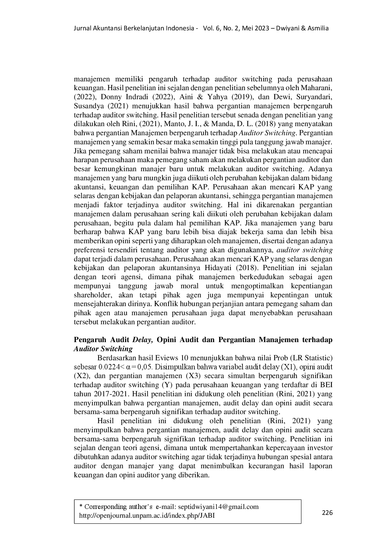 juris Pengaruh Audit Delay Opini Audit dan Pergantian Manajemen Terhadap Auditor Switching