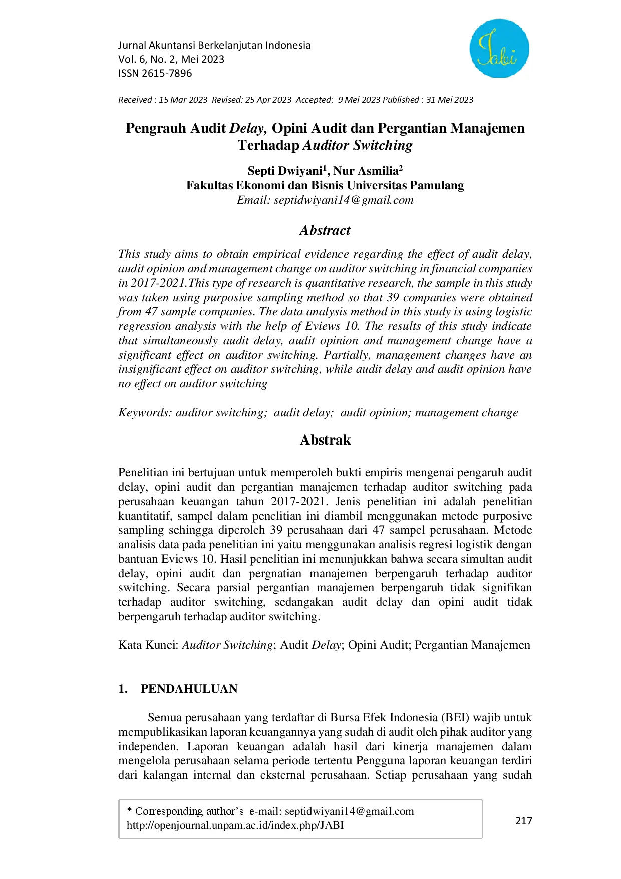 juris Pengaruh Audit Delay Opini Audit dan Pergantian Manajemen Terhadap Auditor Switching