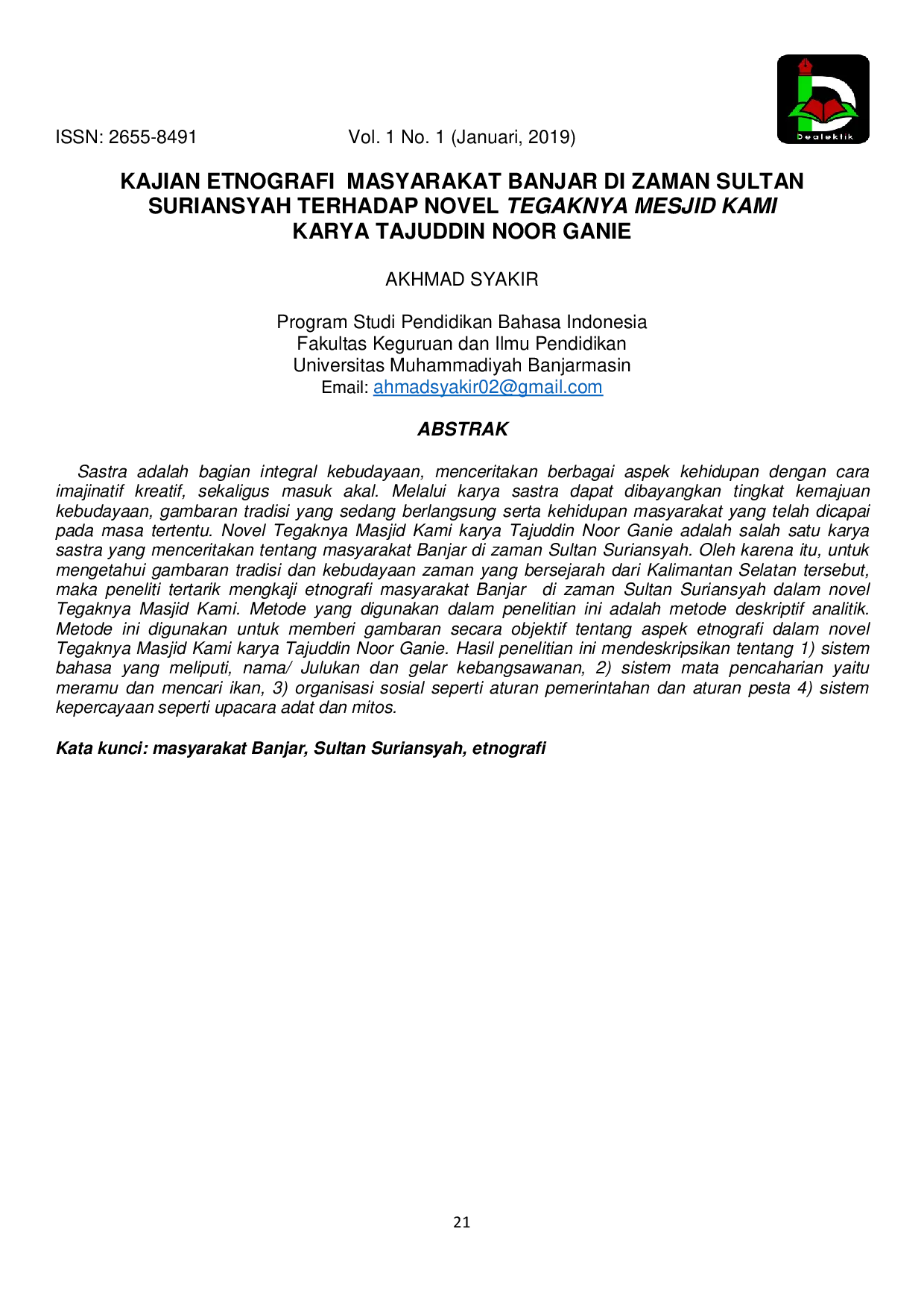 JURIS Kajian Etnografi Masyarakat Banjar di Zaman Sultan Suriansyah terhadap Novel Tegaknya Masjid Kami Karya Tajuddin Noor Ganie