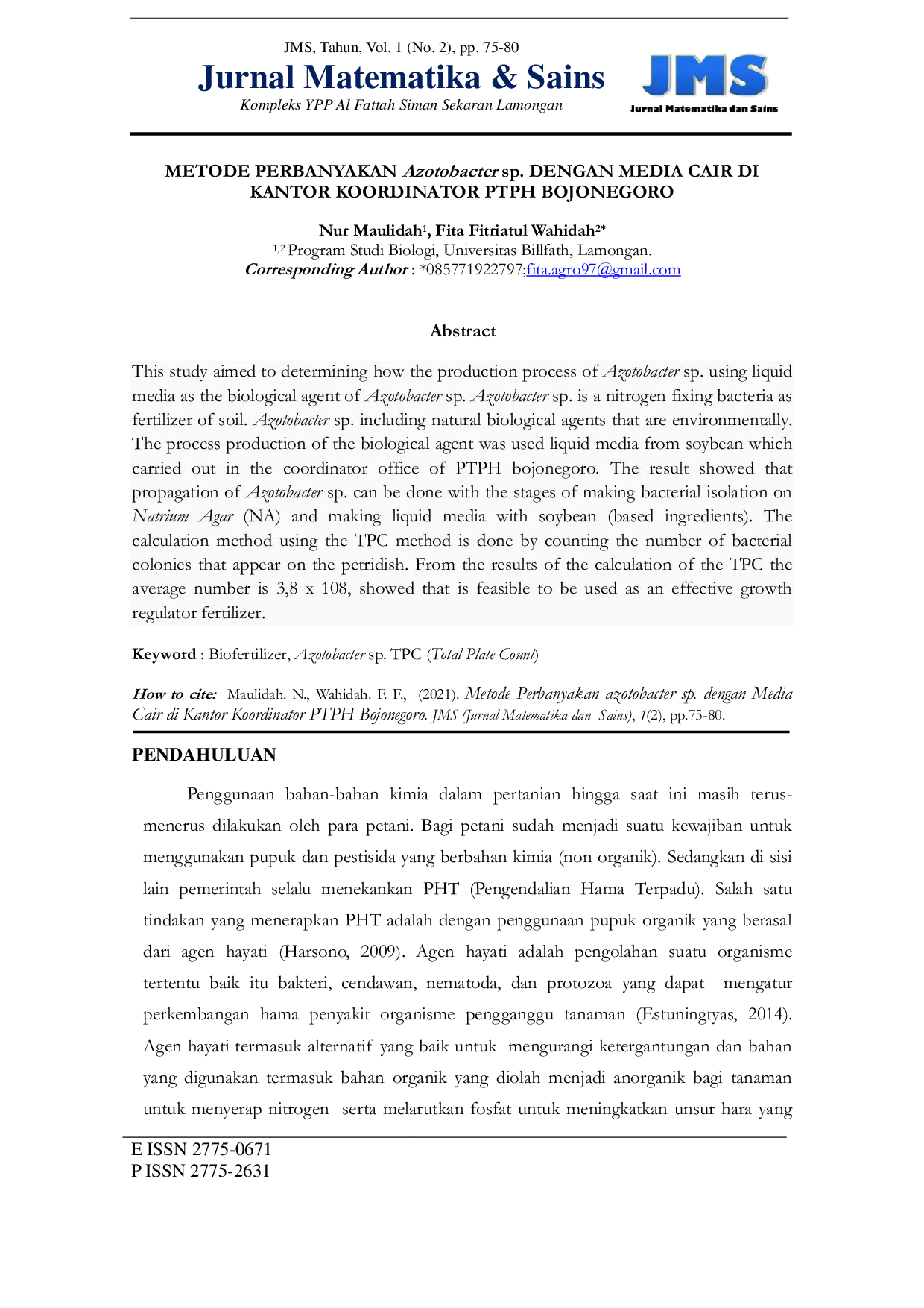 JURIS METODE PERBANYAKAN Azotobacter sp DENGAN MEDIA CAIR DI KANTOR KOORDINATOR PTPH BOJONEGORO