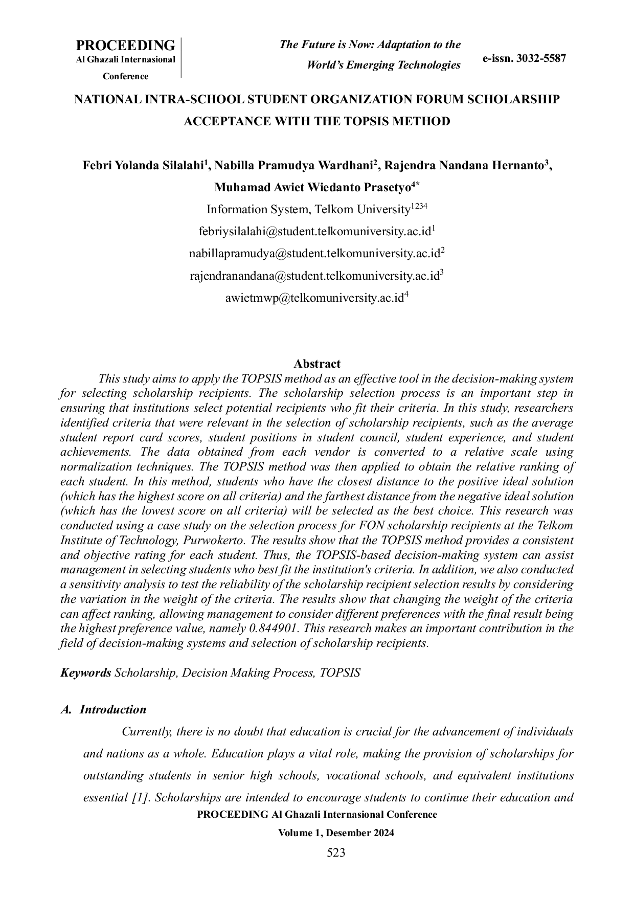 JURIS PENERAPAN METODE TOPSIS UNTUK PEMILIHAN BEASISWA FORUM ORMAS MAHASISWA NASIONAL