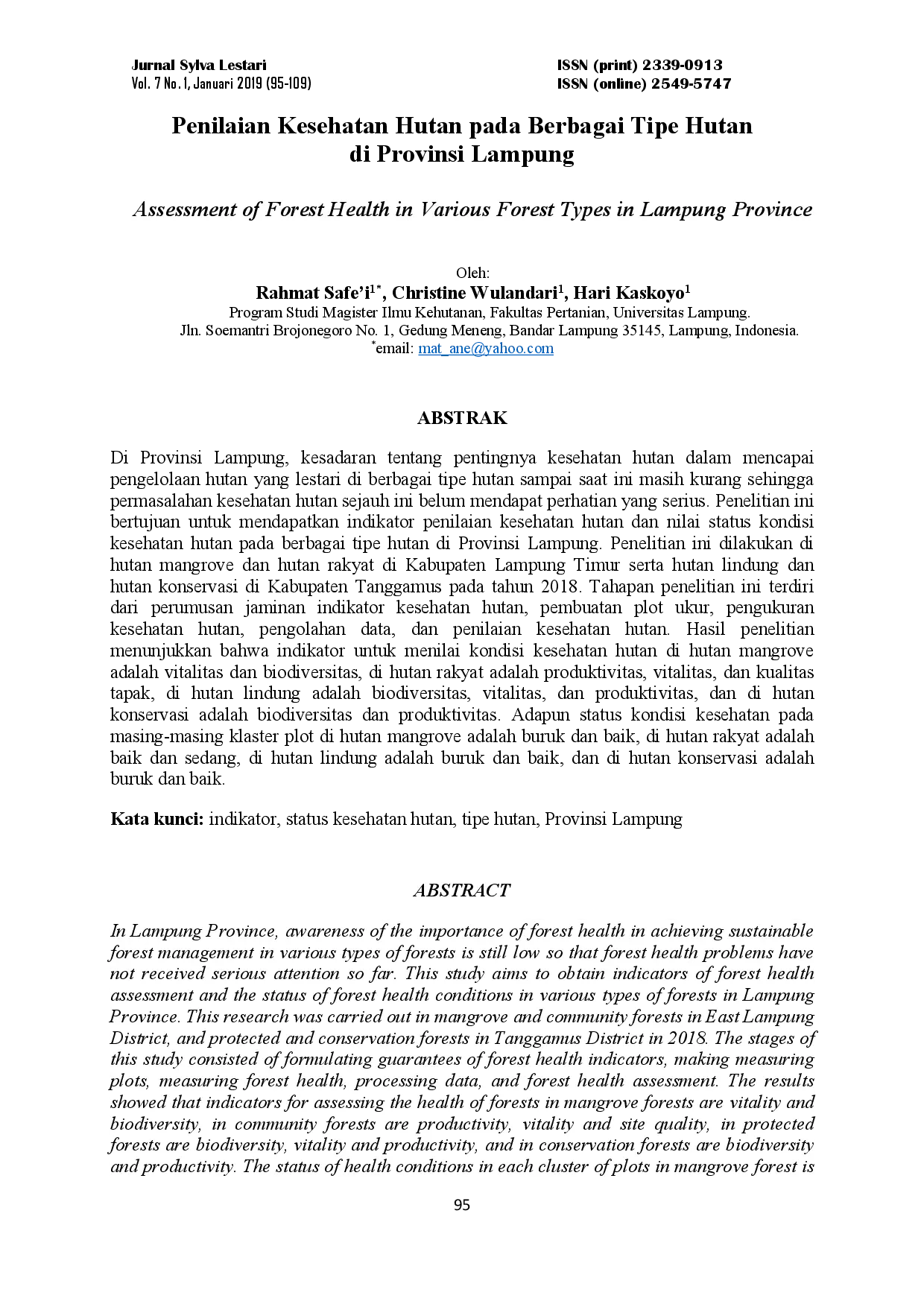 juris Penilaian Kesehatan Hutan pada Berbagai Tipe Hutan di Provinsi Lampung Assessment of Forest Health in Various Forest Types in Lampung Province