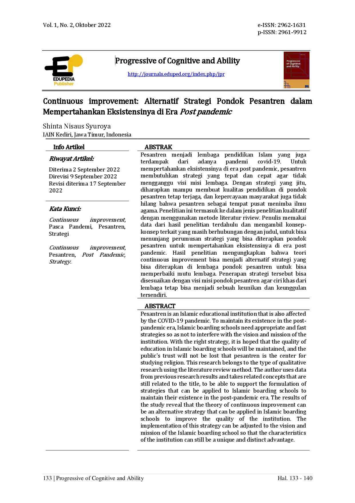 juris Continuous Improvement Alternatif Strategi Pondok Pesantren dalam Mempertahankan Eksistensinya di Era Post pandemic