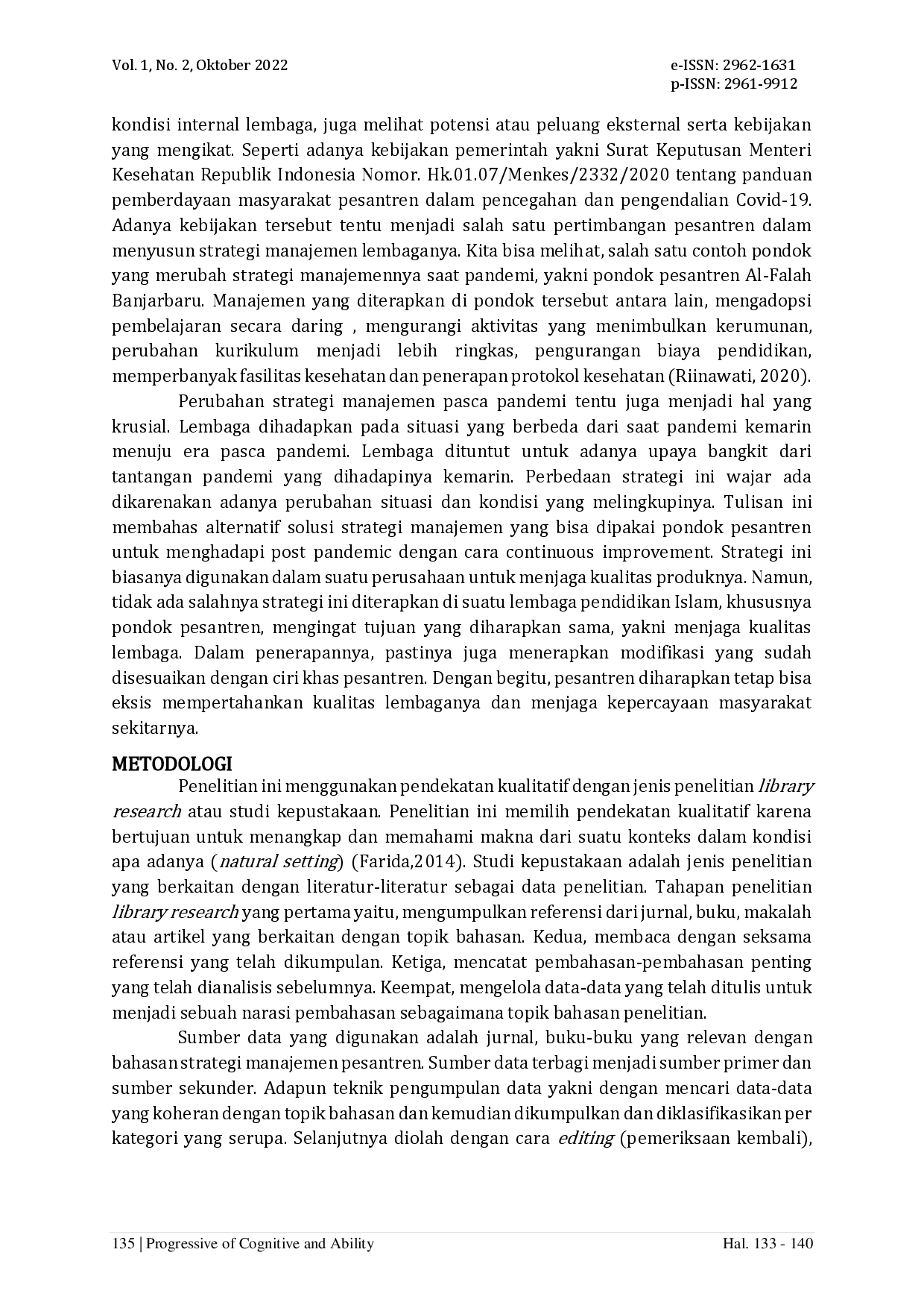 juris Continuous Improvement Alternatif Strategi Pondok Pesantren dalam Mempertahankan Eksistensinya di Era Post pandemic