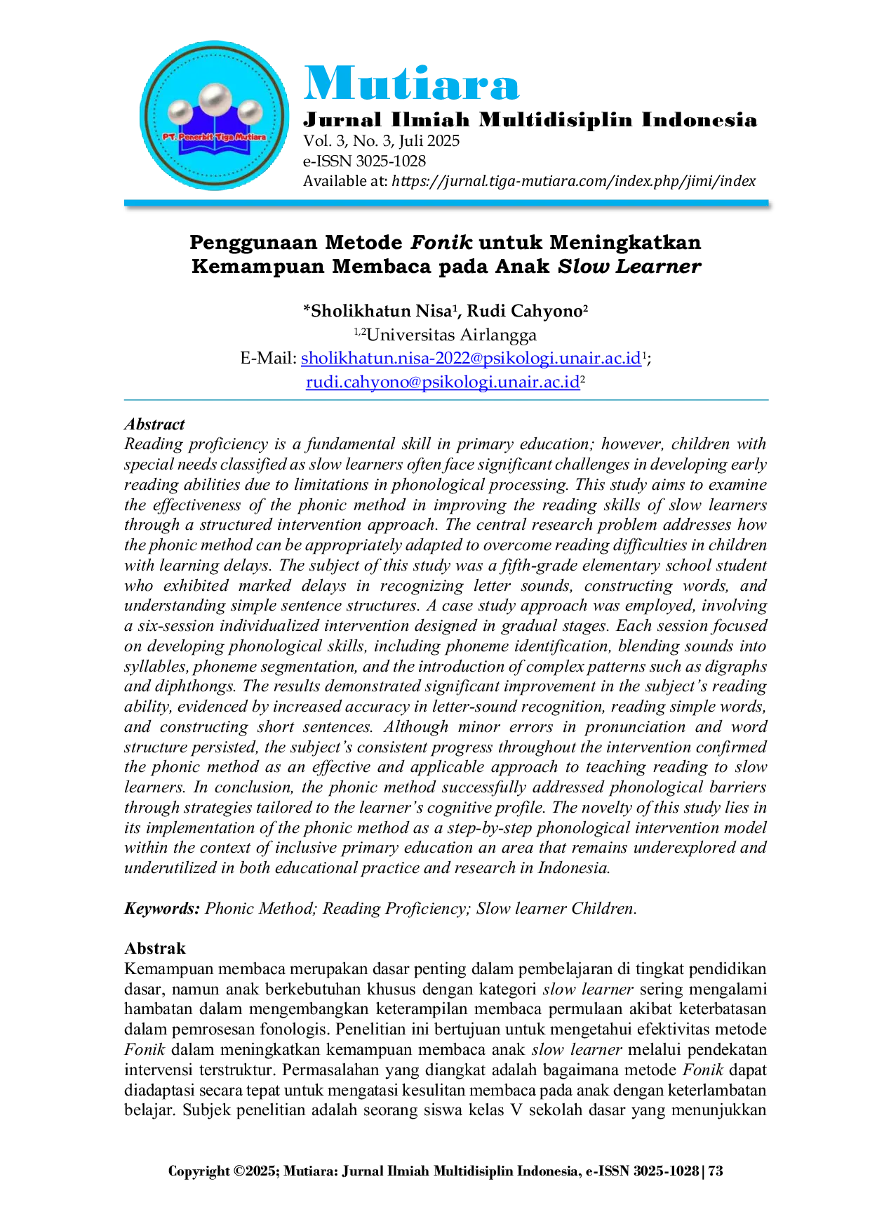 JURIS Penggunaan Metode Fonik untuk Meningkatkan Kemampuan Membaca pada Anak Slow Learner