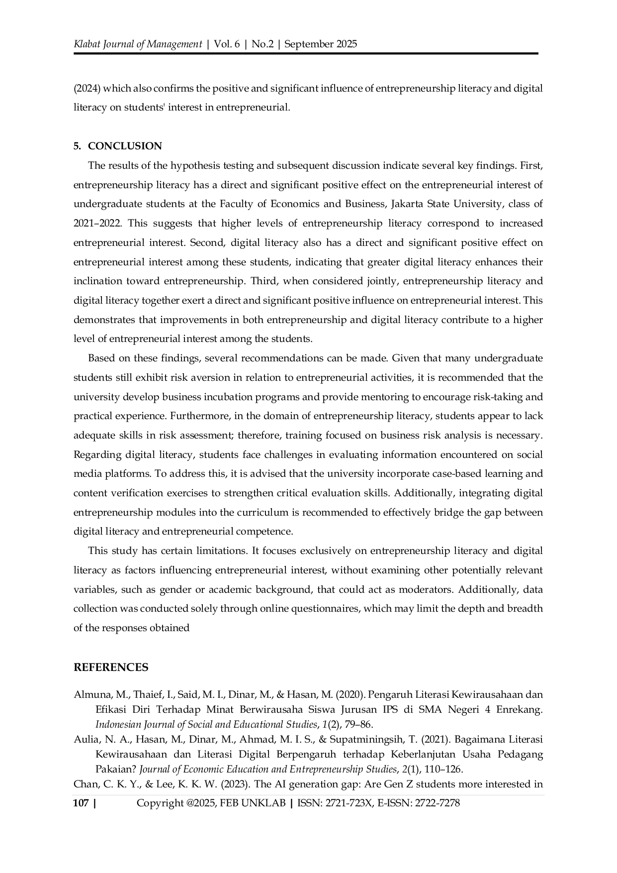 JURIS The Influence of Entrepreneurship Literacy and Digital Literacy on Entrepreneurial Interest among Generation Z Students
