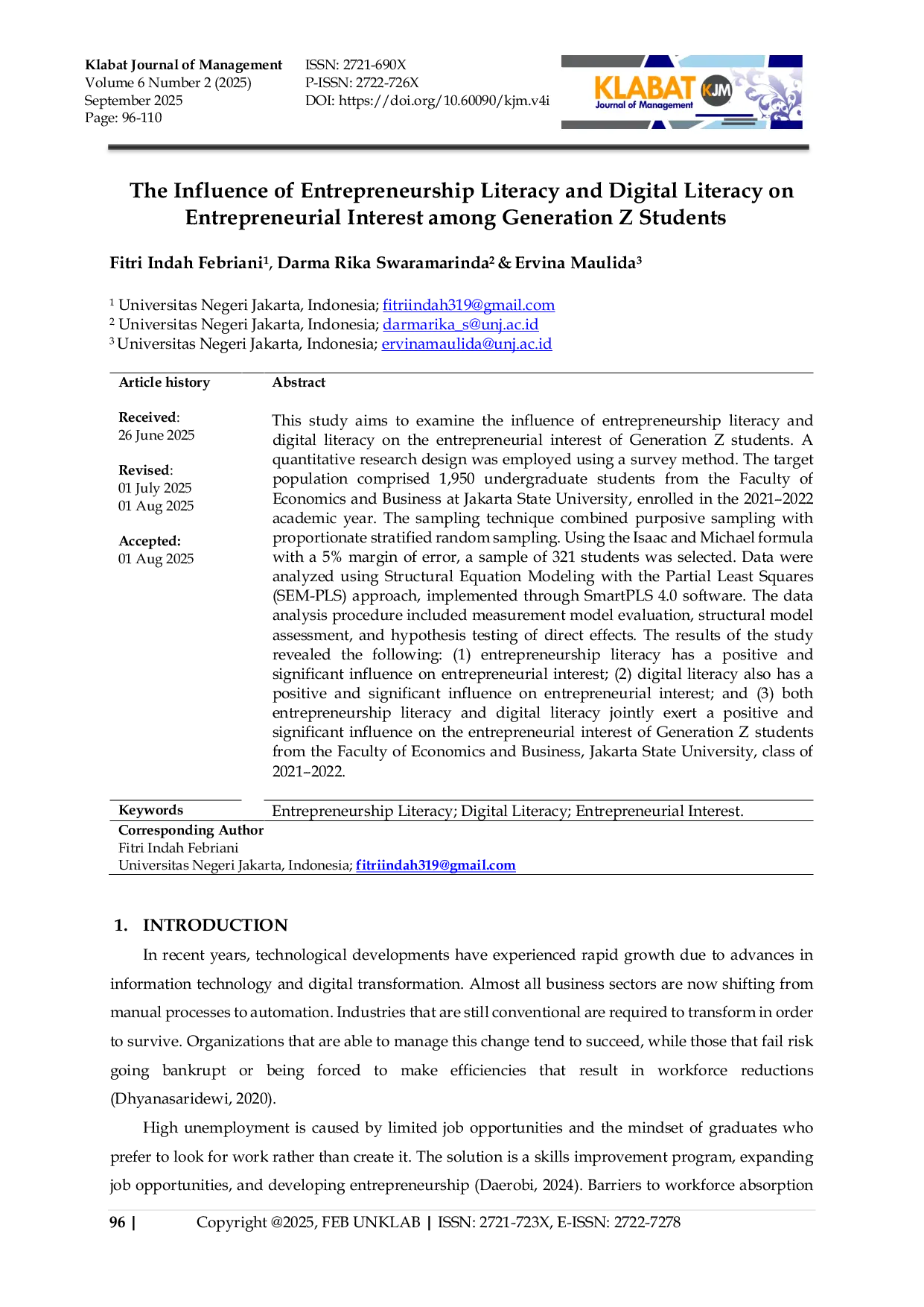 JURIS The Influence of Entrepreneurship Literacy and Digital Literacy on Entrepreneurial Interest among Generation Z Students