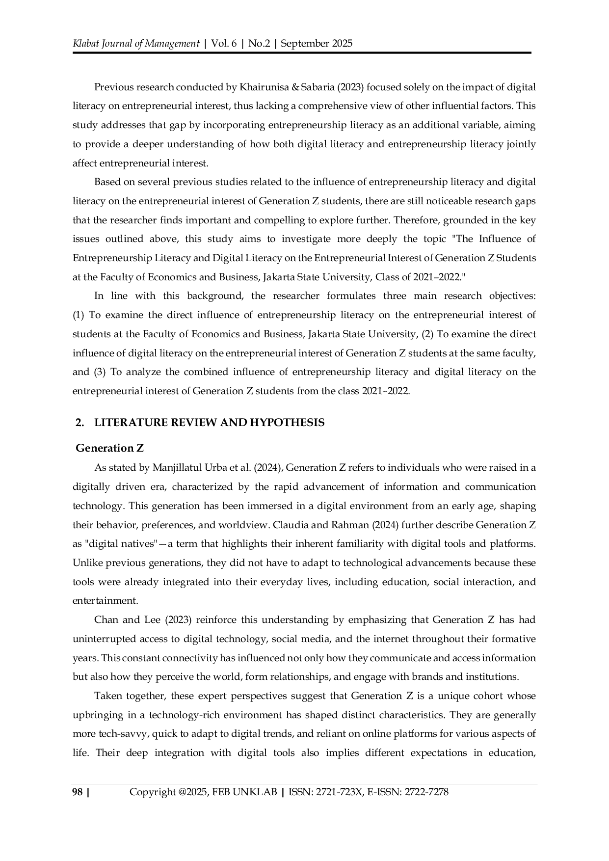 JURIS The Influence of Entrepreneurship Literacy and Digital Literacy on Entrepreneurial Interest among Generation Z Students