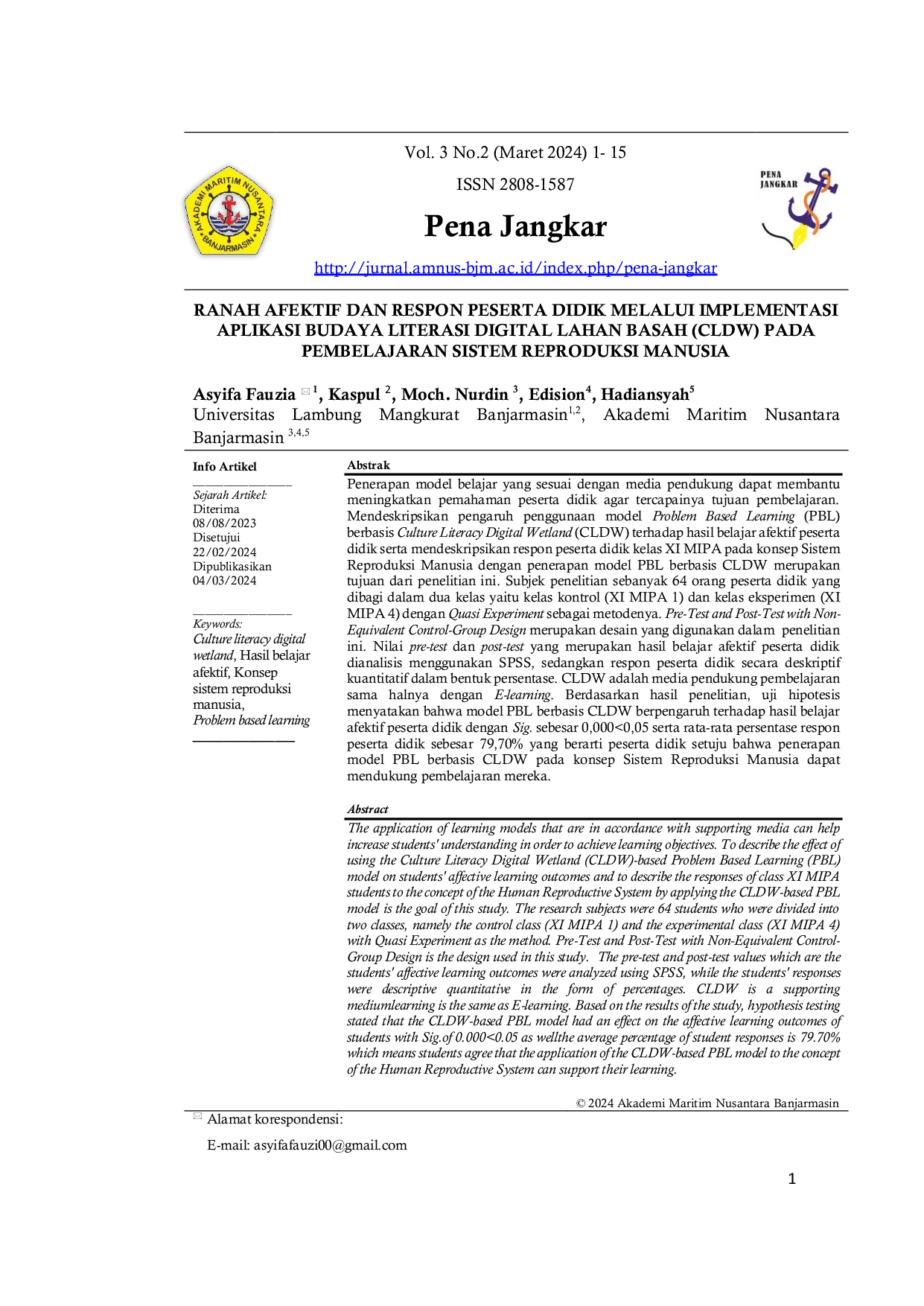 JURIS Ranah Afektif Dan Respon Peserta Didik Melalui Implementasi Aplikasi Budaya Literasi Digital Lahan Basah Cldw Pada Pembelajaran Sistem Reproduksi Manusia