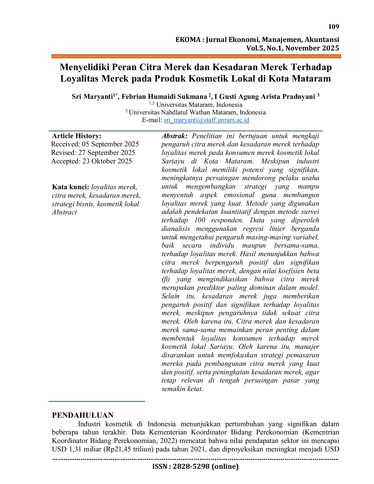 JURIS Menyelidiki Peran Citra Merek dan Kesadaran Merek Terhadap Loyalitas Merek pada Produk Kosmetik Lokal di Kota Mataram