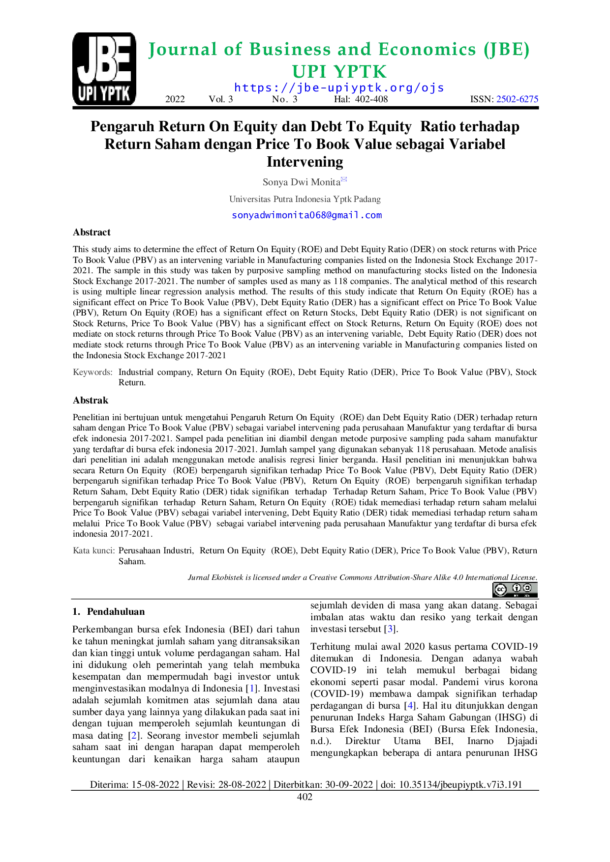 JURIS Pengaruh Return On Equity dan Debt To Equity Ratio terhadap Return Saham dengan Price To Book Value sebagai Variabel Intervening