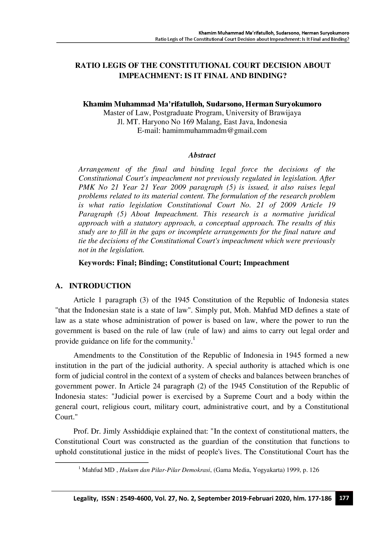 juris Ratio Legis of The Constitutional Court Decision About Impeachment Is It Final and Binding