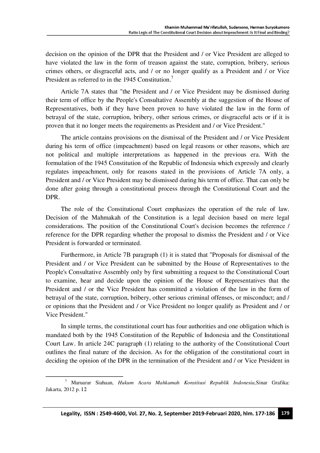 juris Ratio Legis of The Constitutional Court Decision About Impeachment Is It Final and Binding