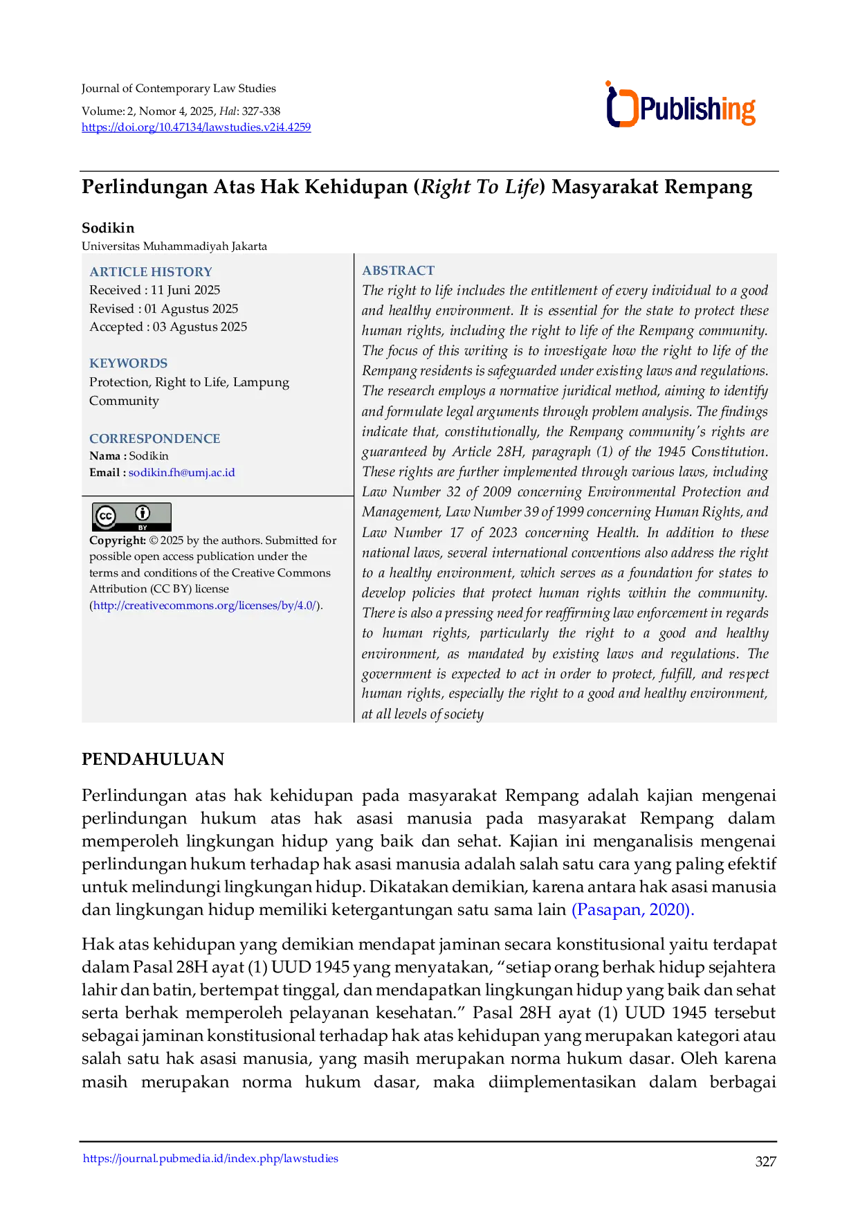 JURIS Perlindungan Atas Hak Kehidupan Right To Life Masyarakat Rempang