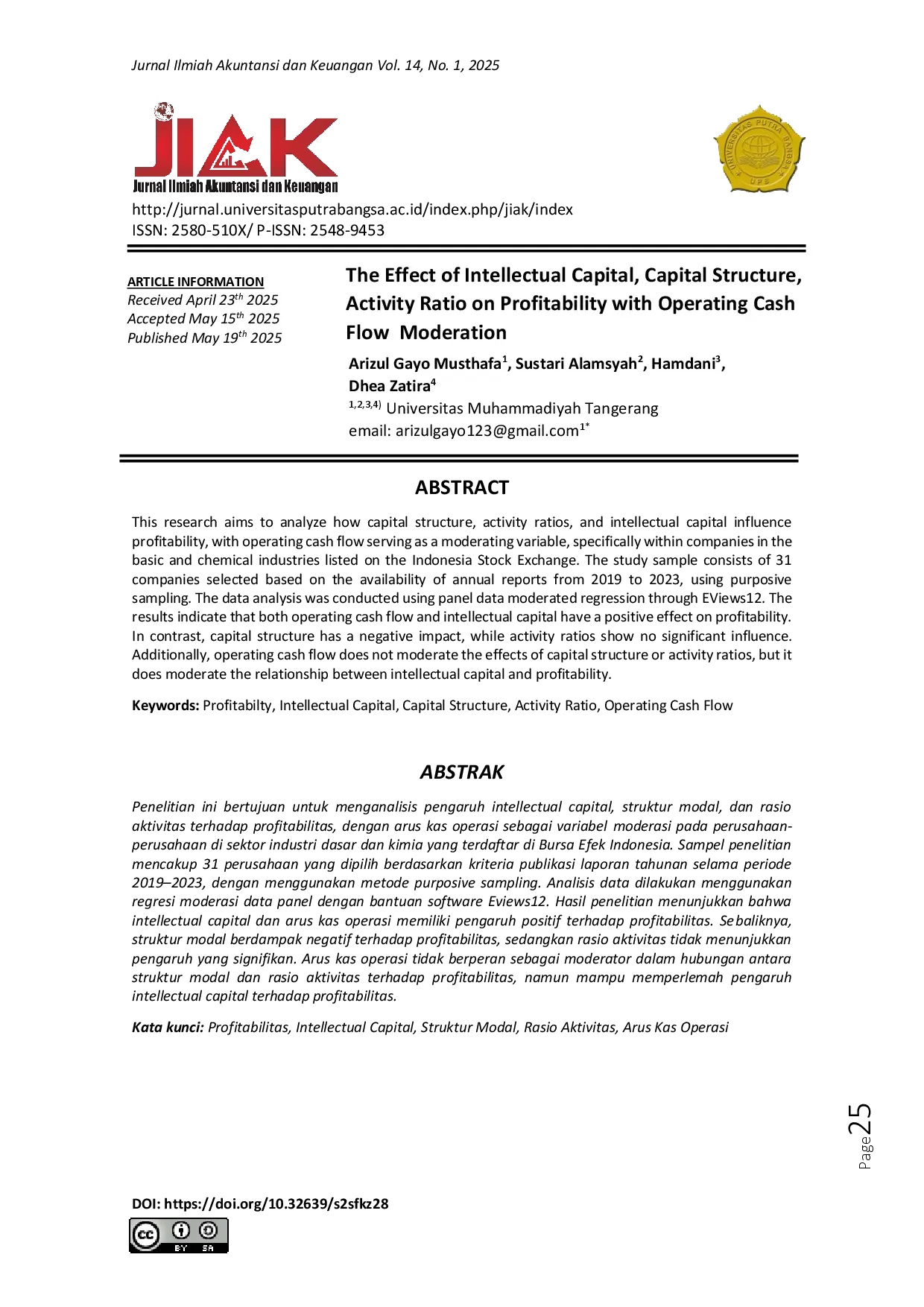 juris The Effect of Intellectual Capital Capital Structure Activity Ratio on Profitability with Operating Cash Flow Moderation
