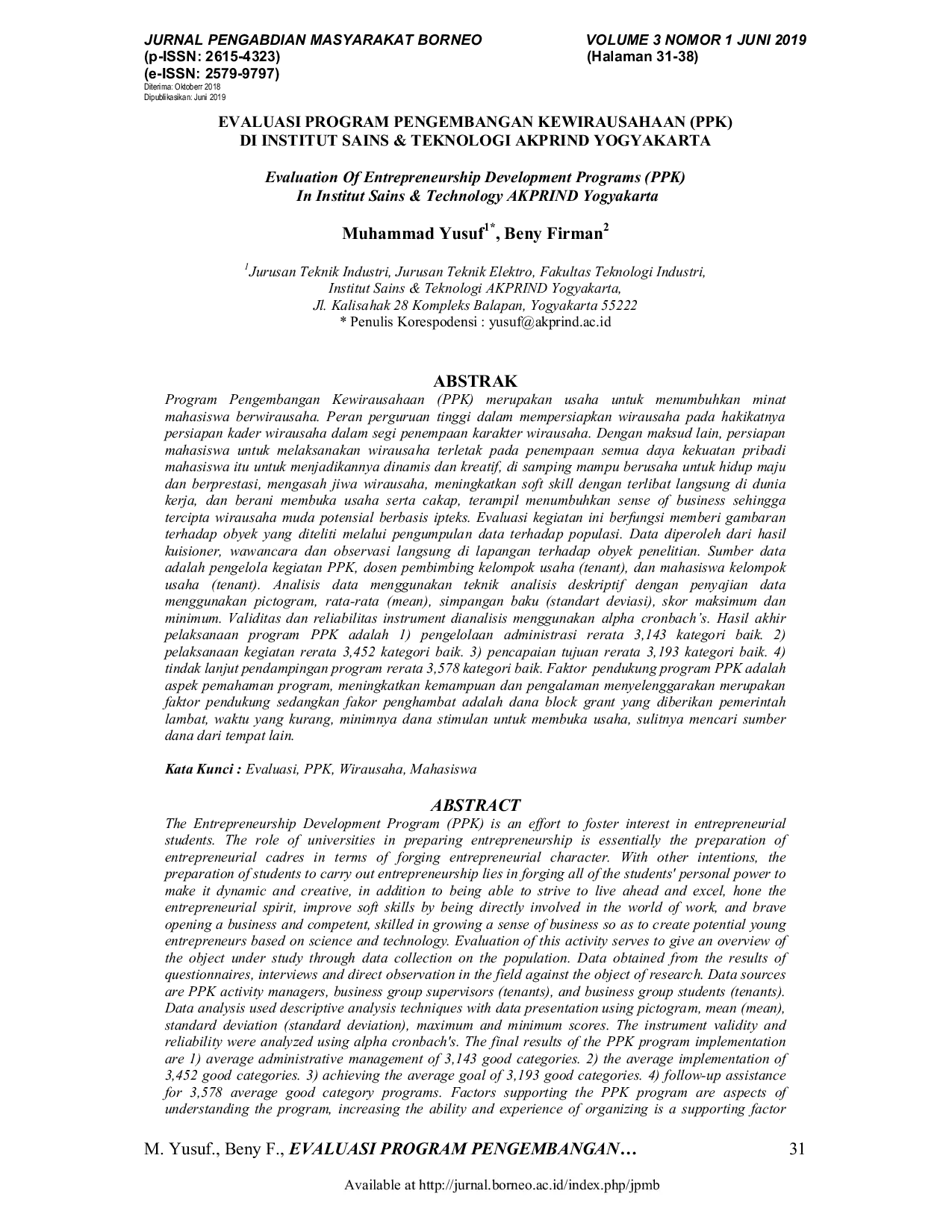 JURIS Evaluasi Program Pengembangan Kewirausahaan PPK Di Institut Sains Teknologi Akprind Yogyakarta