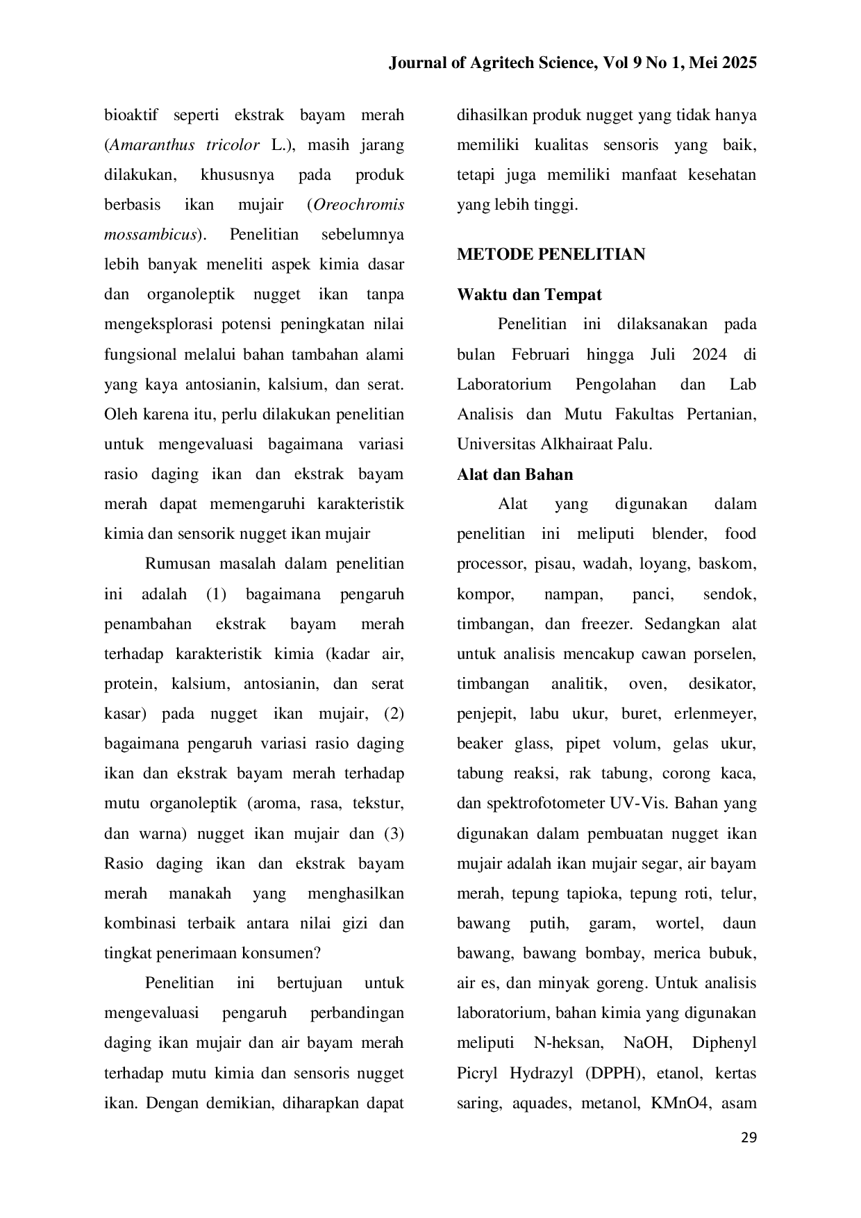 JURIS Karakteristik Kimia Dan Organoleptik Nugget Ikan Mujair Pada Perbandingan Daging Ikan Dan Ekstrak Bayam Merah