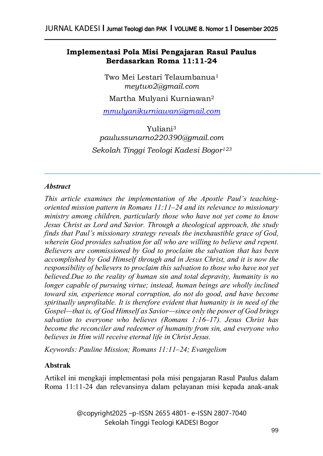 JURIS Implementasi Pola Misi Pengajaran Rasul Paulus Berdasarkan Roma 11 11 24
