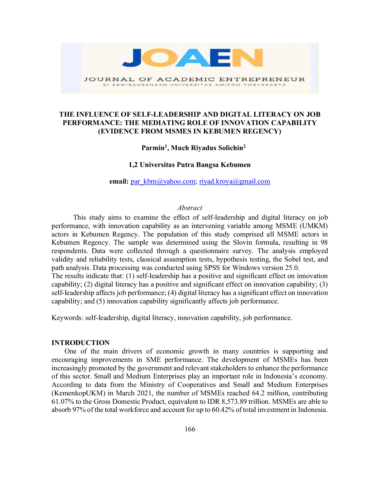 JURIS The Influence of Self Leadership and Digital Literacy on Job Performance The Mediating Role of Innovation Capability Evidence from MSMEs in Kebumen Regency