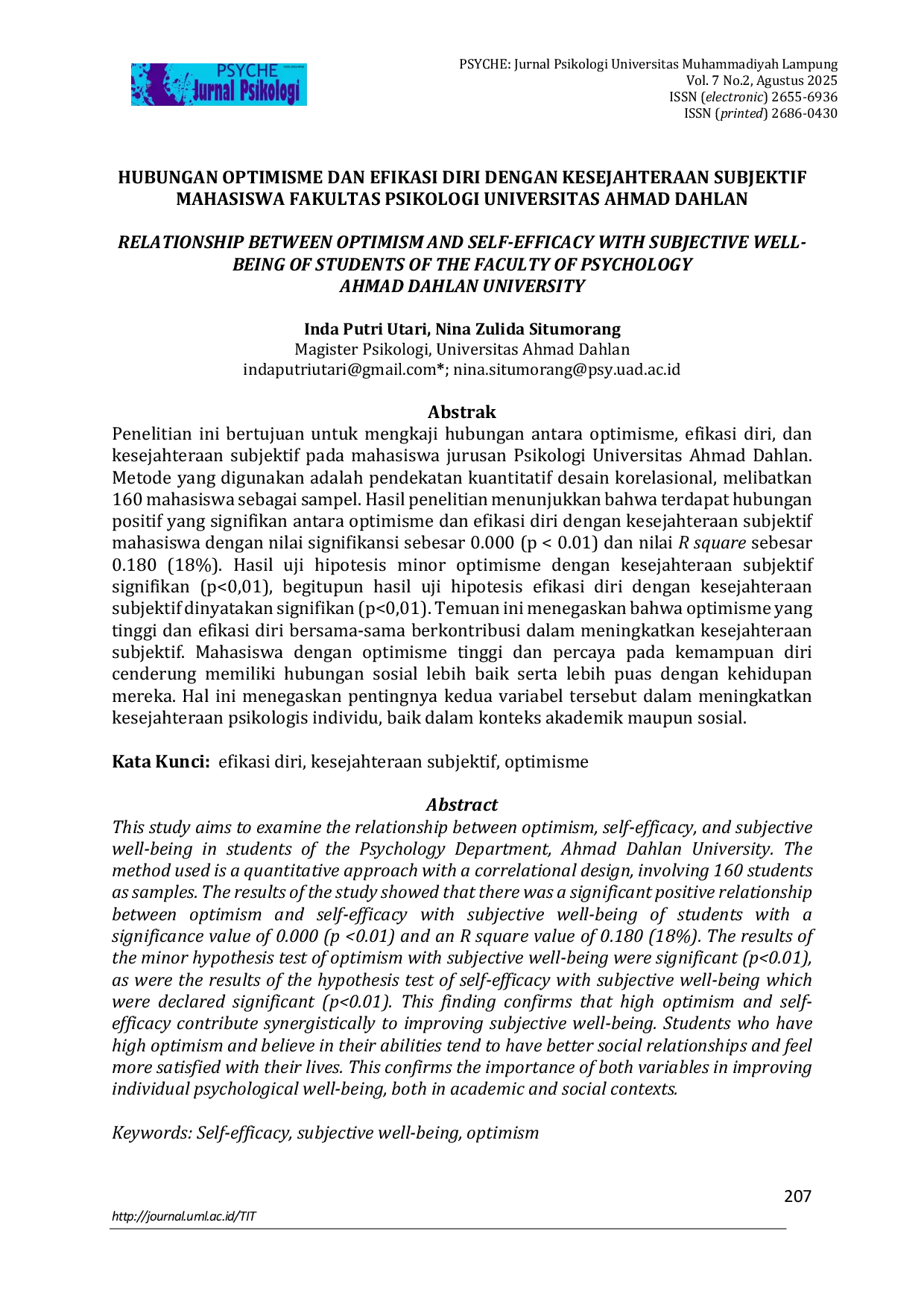 JURIS Hubungan Optimisme dan Efikasi Diri dengan Kesejahteraan Subjektif Mahasiswa Fakultas Psikologi Universitas Ahmad Dahlan